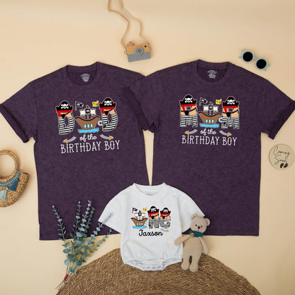 Pirate Themed Family Matching Birthday Shirts for Mom Dad of the Birthday Boy First Celebration Cartoon Ships Hats Flags Baby Toddler Outfit Gift