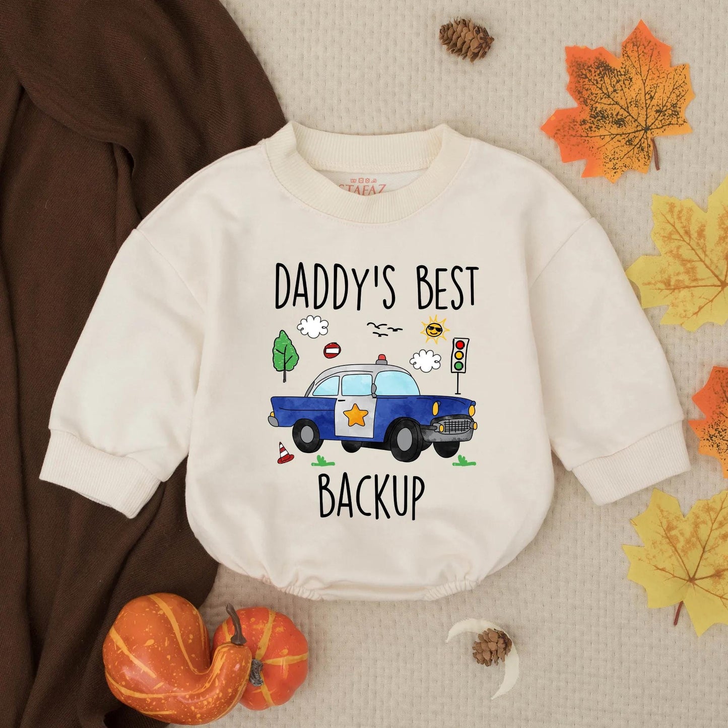 Daddy's Best Backup Whimsical Police Car Baby Boy Bubble Romper Soft Cotton New Dad Gift Baby Shower Coming Home Announcement Outfit