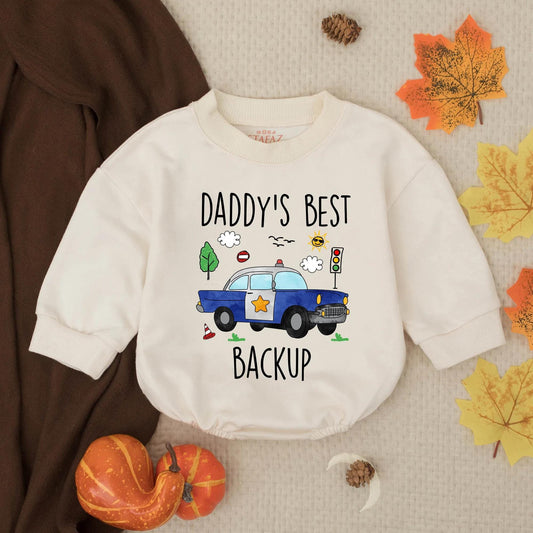 Daddy's Best Backup Whimsical Police Car Baby Boy Bubble Romper Soft Cotton New Dad Gift Baby Shower Coming Home Announcement Outfit