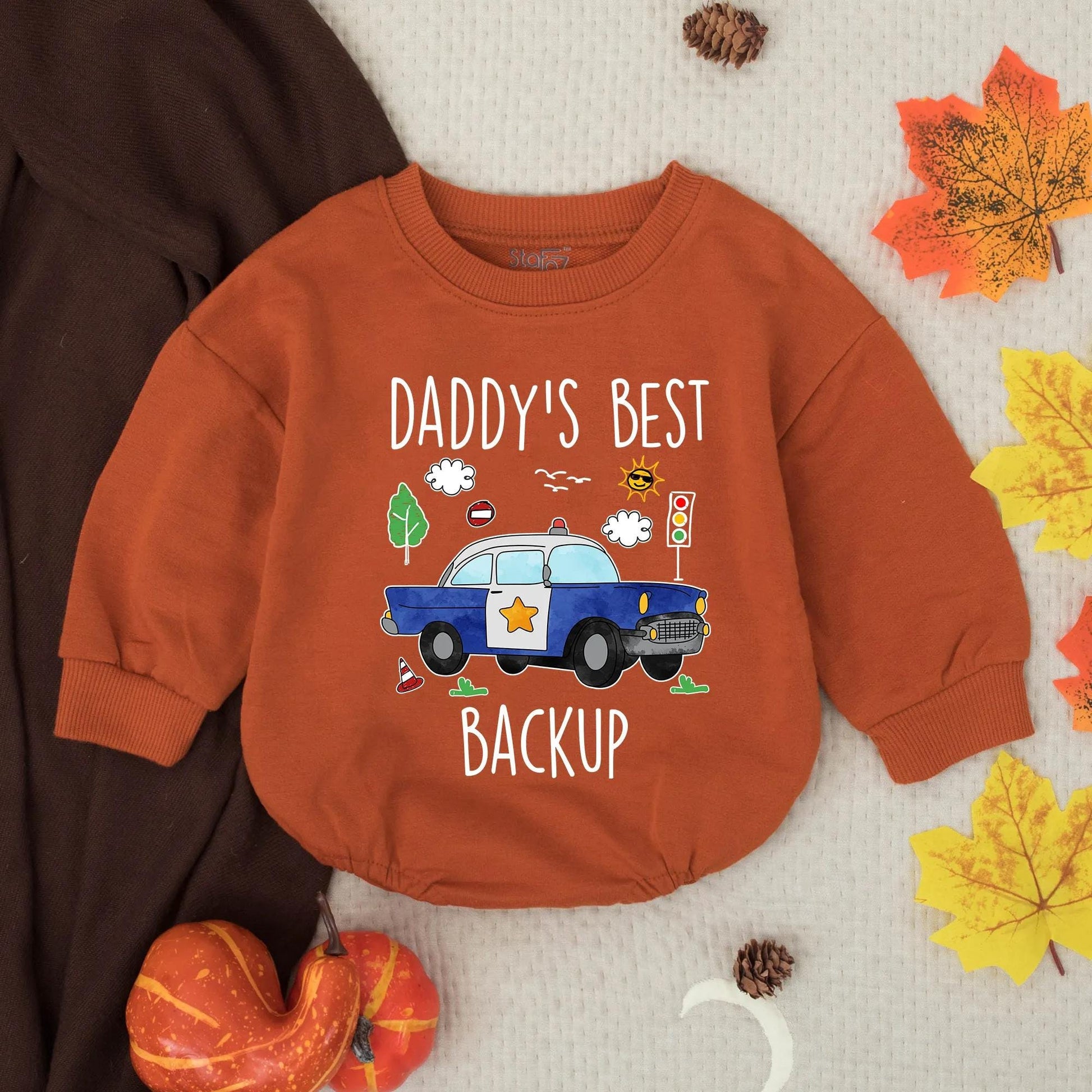 Daddy's Best Backup Whimsical Police Car Baby Boy Bubble Romper Soft Cotton New Dad Gift Baby Shower Coming Home Announcement Outfit