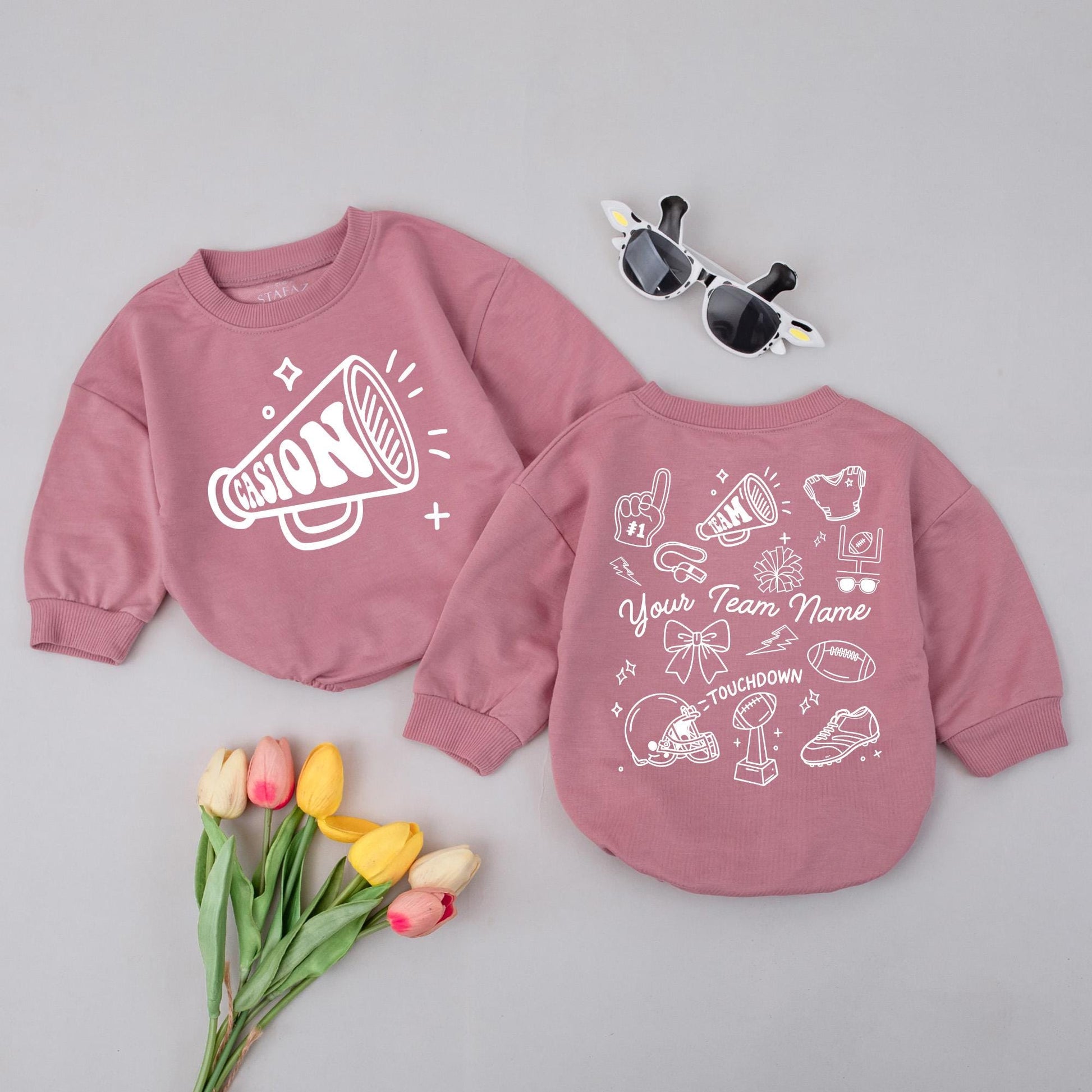 Custom Team Name Football Romper, Touchdown Season Baby Outfit, Personalized Sport Bodysuit with Doodle Art, Game Day Clothes, Unique Baby Gift 138 chars