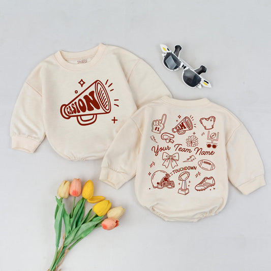 Custom Team Name Football Romper, Touchdown Season Baby Outfit, Personalized Sport Bodysuit with Doodle Art, Game Day Clothes, Unique Baby Gift 138 chars