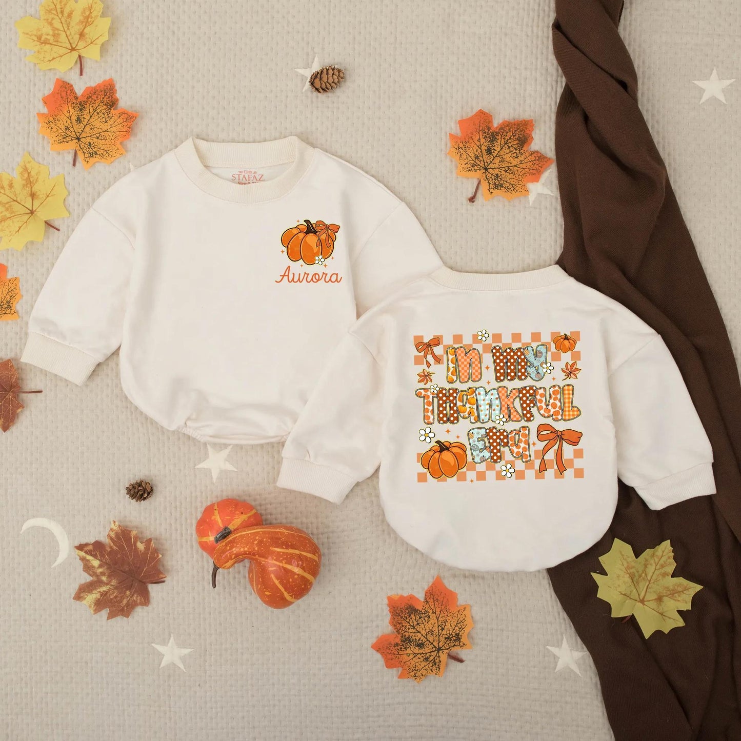 Custom Preppy In My Thankful Era Baby Romper Fall Thanksgiving Infant Outfit Autumn Toddler Sweatshirt Cute Pumpkin Retro Holiday Baby Gift
