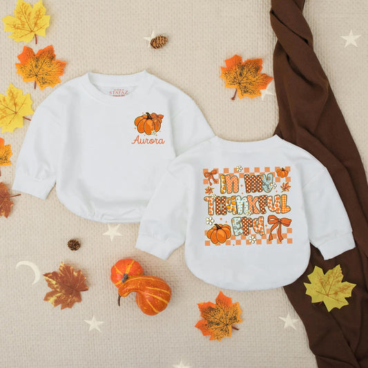 Custom Preppy In My Thankful Era Baby Romper Fall Thanksgiving Infant Outfit Autumn Toddler Sweatshirt Cute Pumpkin Retro Holiday Baby Gift