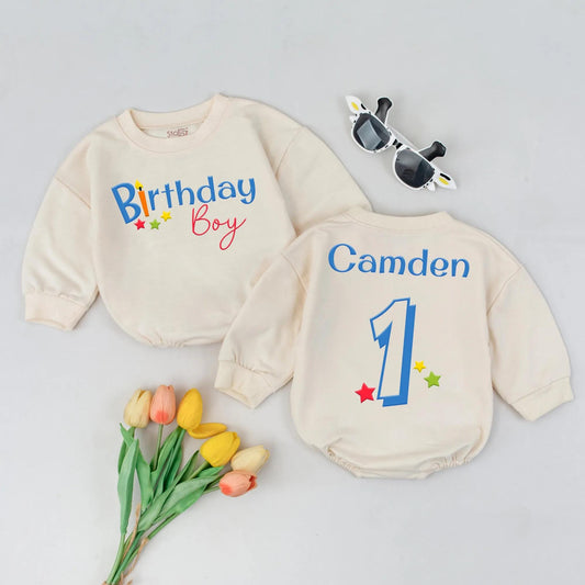 First Birthday Boy Romper: 'Birthday Boy' in Blue & Red, with Stars! Custom Camden '1' Outfit, Cake Smash, 1 Year Old Gift