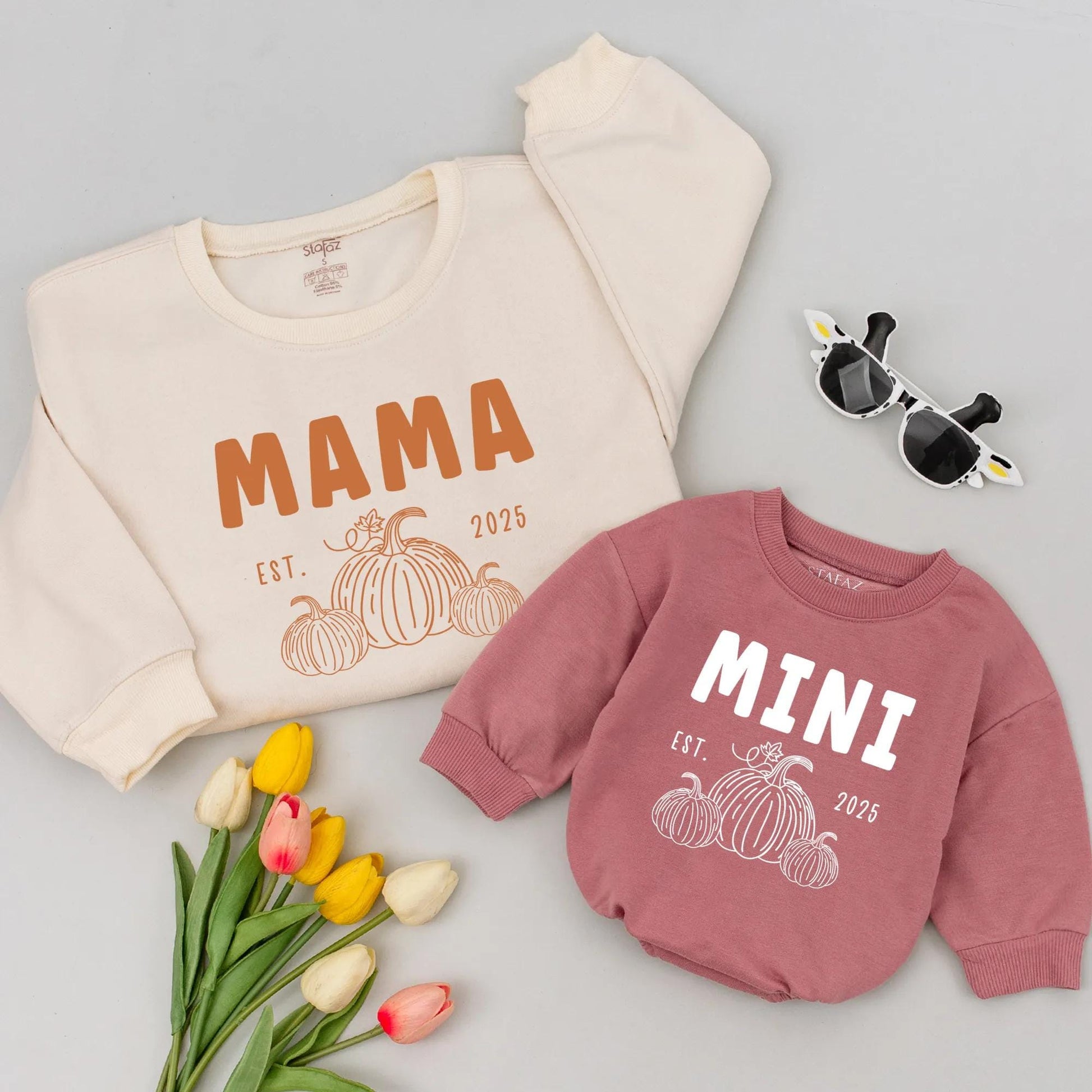 Mama & Mini Pumpkin Patch Birthday Matching Sweatshirts: First Birthday Outfit EST 2025, Fall Family Thanksgiving Celebration, Mommy and Me Romper Set
