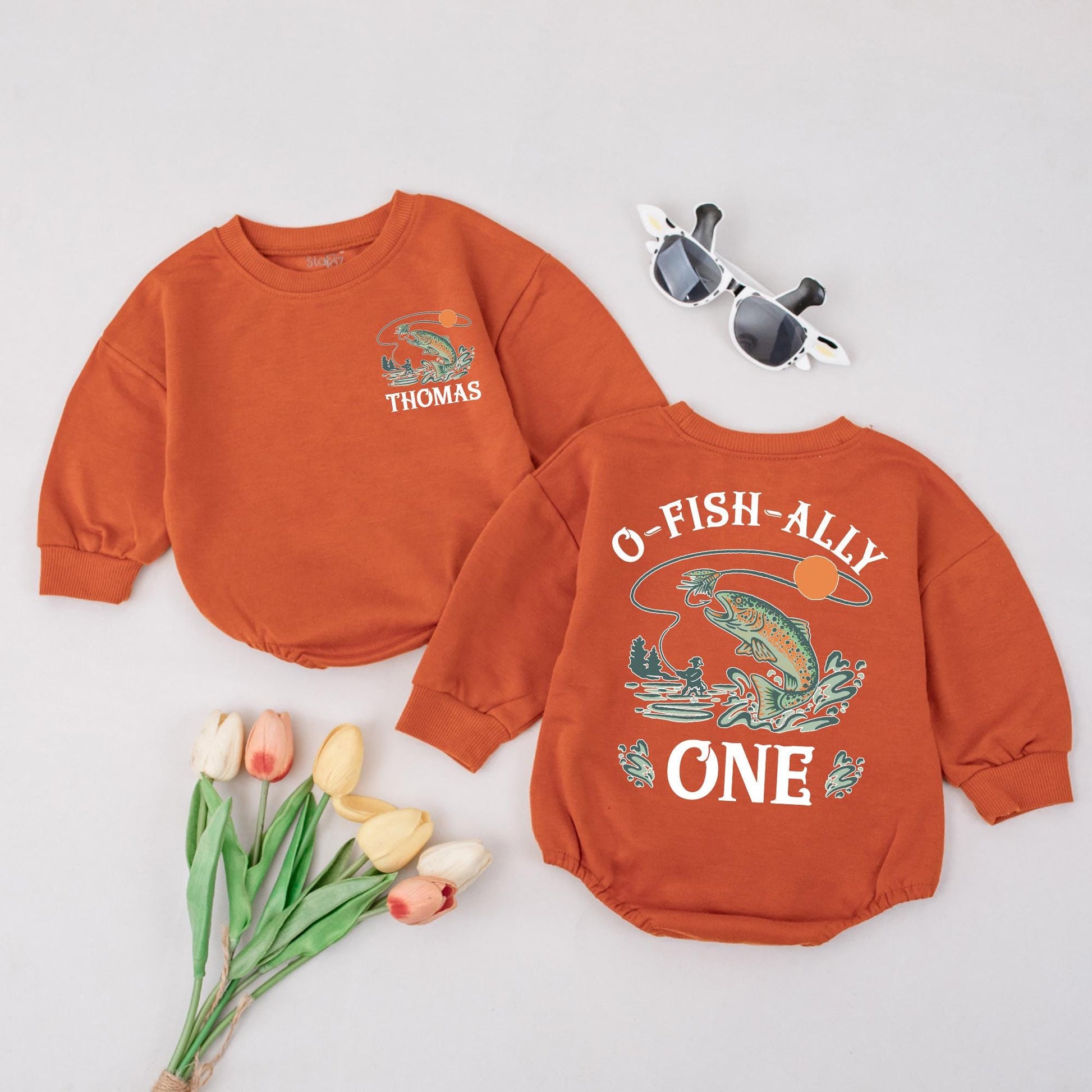 O-FISH-ALLY ONE Custom Name Birthday Romper Personalized Fishing Baby Outfit One Year Old Toddler Boy Girl Outfit Gift