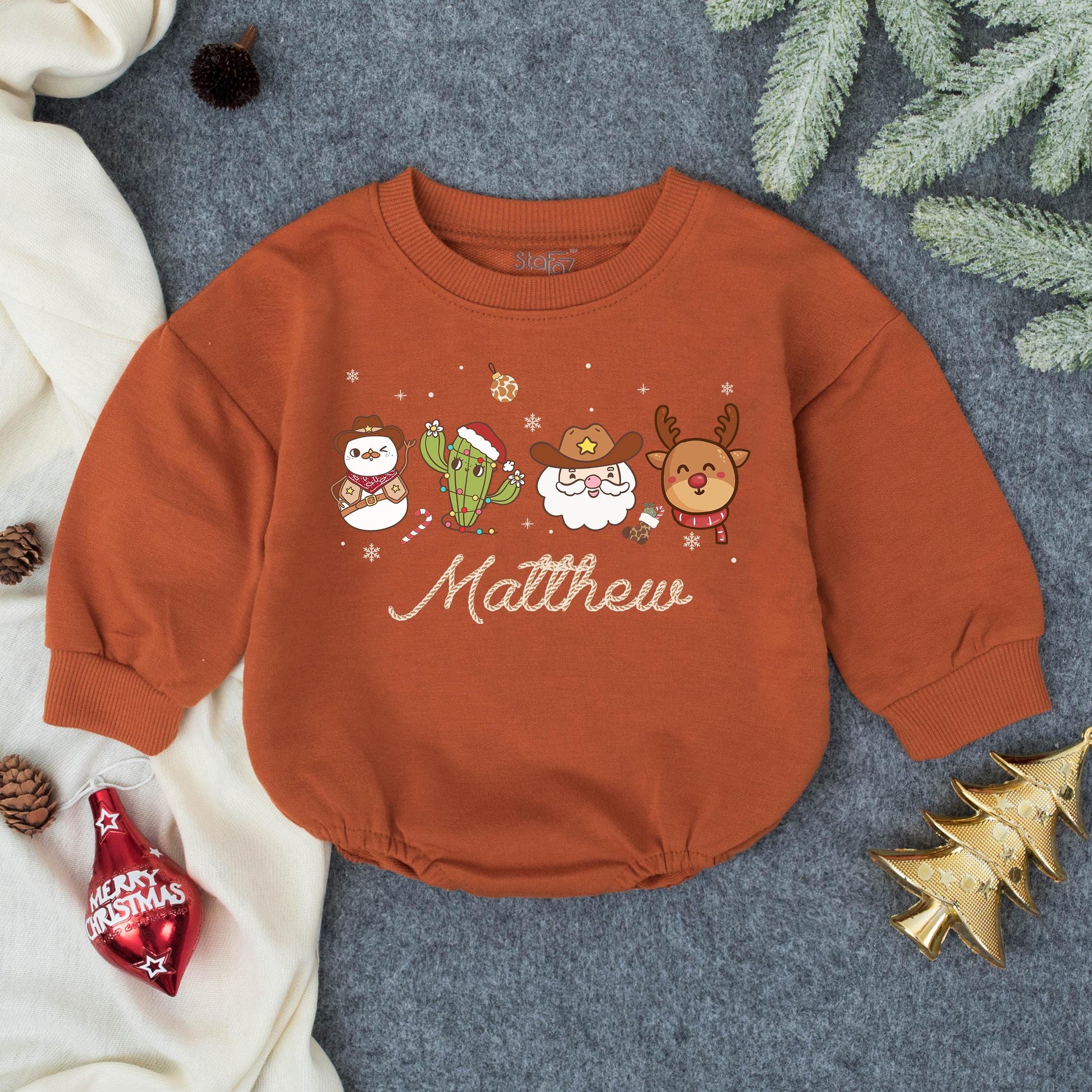 Personalized Howdy Christmas Romper, Festive Cowboy Baby Outfit with Name, Santa Cactus Reindeer, Custom First Christmas Gift Set, Holiday Bodysuit