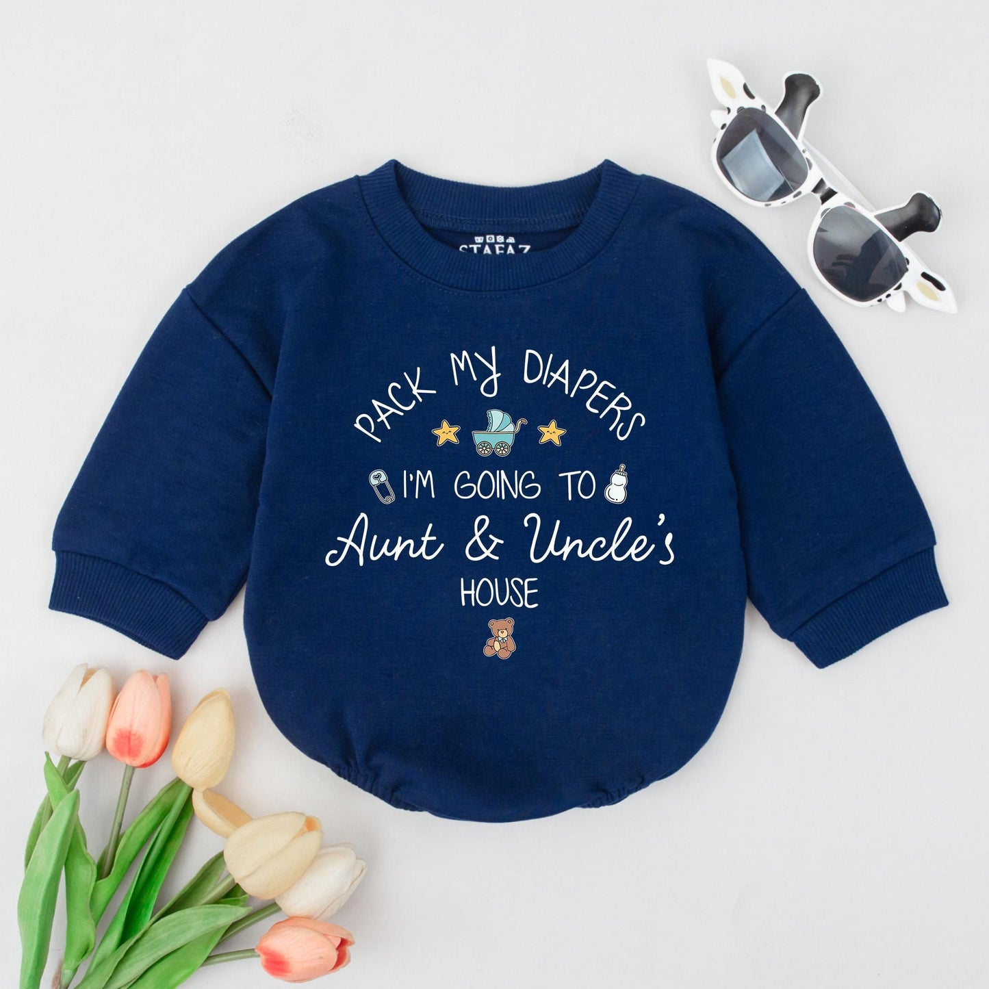 Personalized Pack My Diapers I’m Going to Aunt & Uncle’s House Baby Romper Funny Announcement Bodysuit with Blue Carriage Yellow Stars