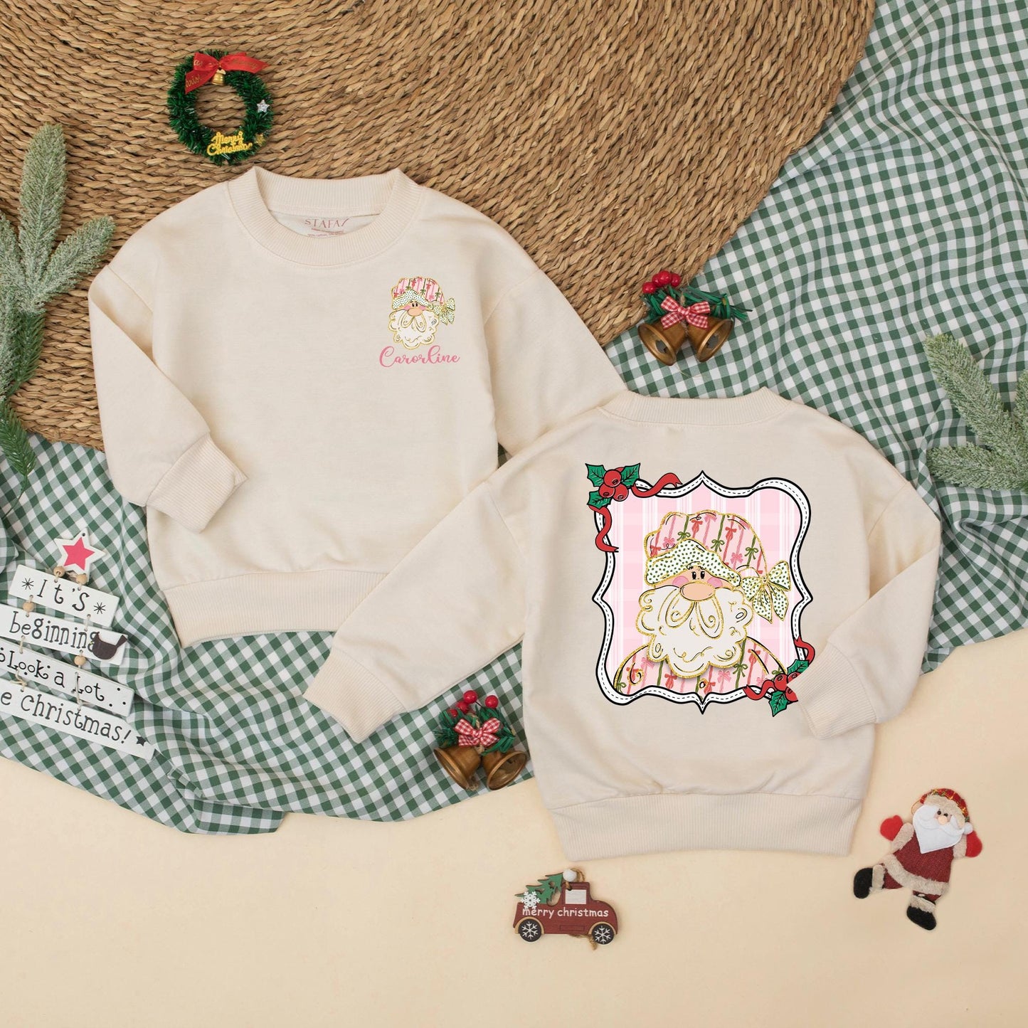 Personalized Pink Christmas Santa Bubble Romper Baby Girl Outfit, Custom Name Holiday Gift, 1st Christmas Baby Clothes