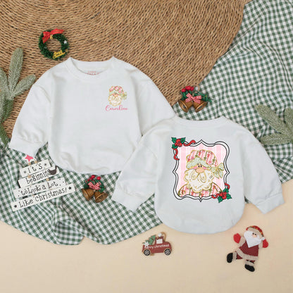 Personalized Pink Christmas Santa Bubble Romper Baby Girl Outfit, Custom Name Holiday Gift, 1st Christmas Baby Clothes