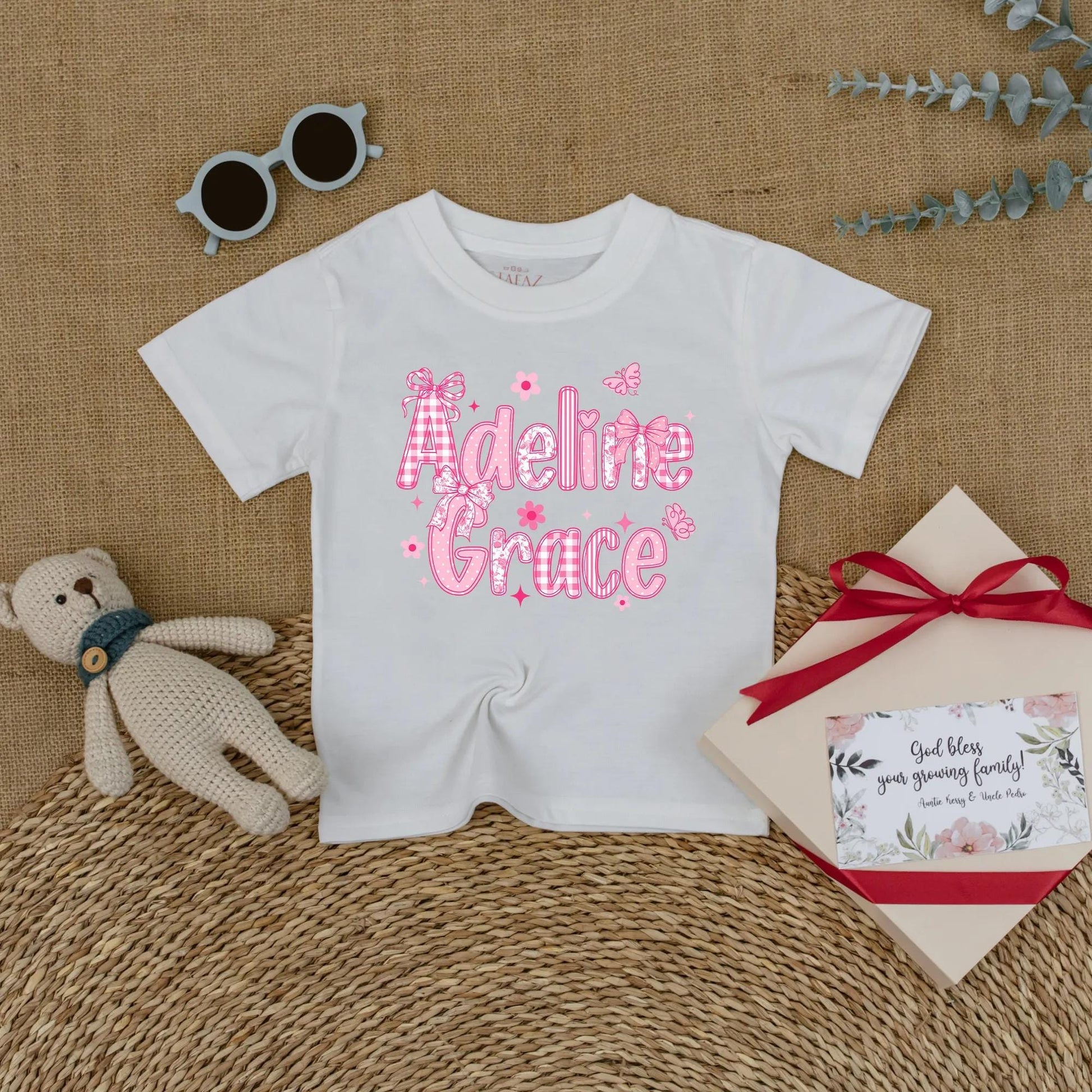 Personalized Baby Girl Romper Adeline Grace, Pink Chinoiserie Bubble Outfit, Custom Name Floral Infant Clothes, Playful Bow Baby Shower Gift 139 chars