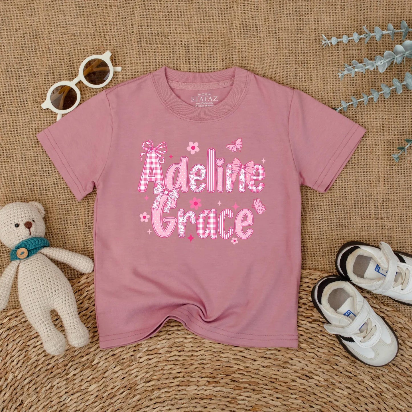 Personalized Baby Girl Romper Adeline Grace, Pink Chinoiserie Bubble Outfit, Custom Name Floral Infant Clothes, Playful Bow Baby Shower Gift 139 chars