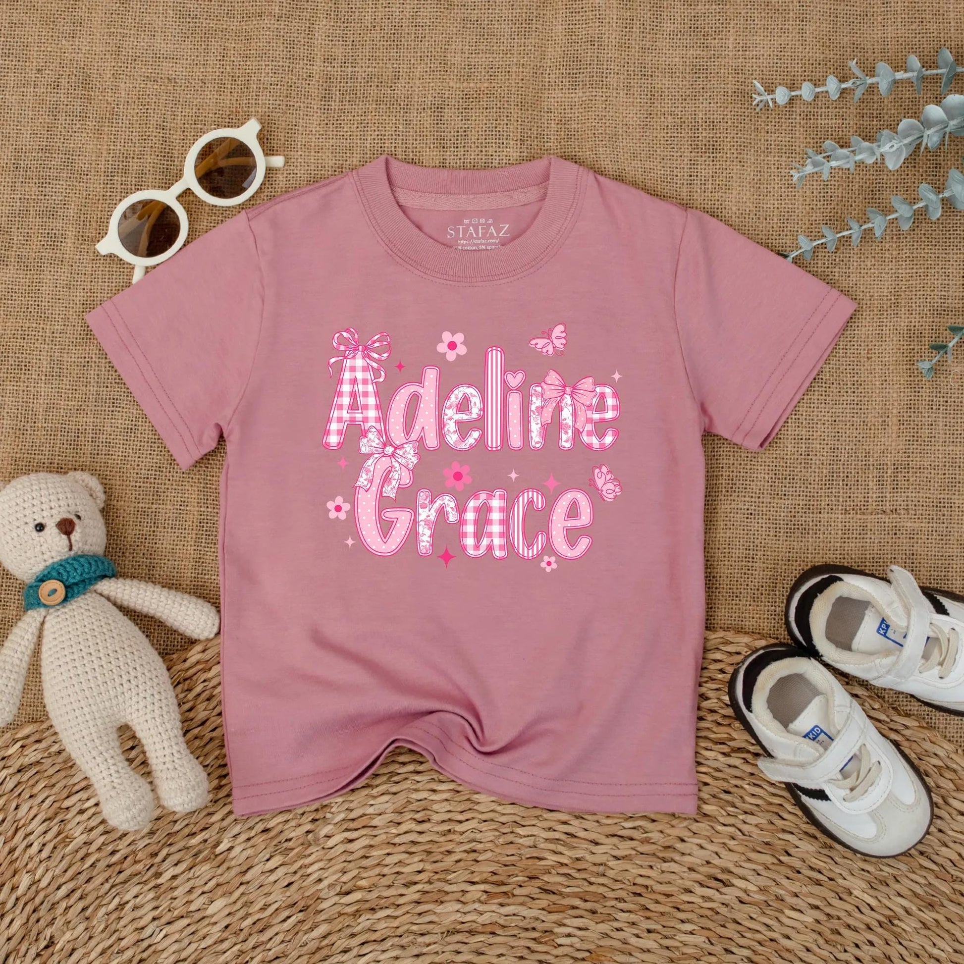 Personalized Baby Girl Romper Adeline Grace, Pink Chinoiserie Bubble Outfit, Custom Name Floral Infant Clothes, Playful Bow Baby Shower Gift 139 chars