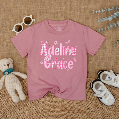 Personalized Baby Girl Romper Adeline Grace, Pink Chinoiserie Bubble Outfit, Custom Name Floral Infant Clothes, Playful Bow Baby Shower Gift 139 chars