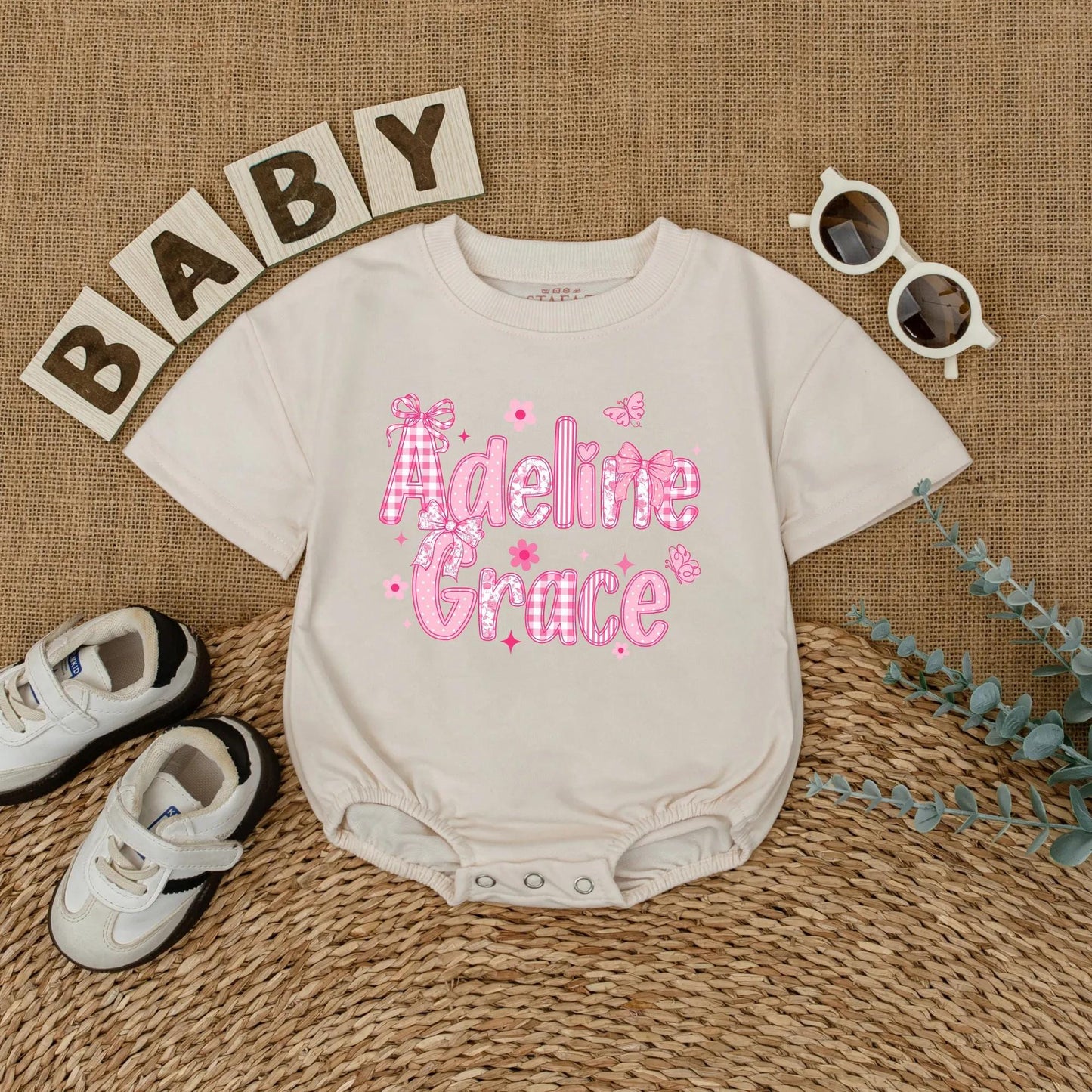 Personalized Baby Girl Romper Adeline Grace, Pink Chinoiserie Bubble Outfit, Custom Name Floral Infant Clothes, Playful Bow Baby Shower Gift 139 chars