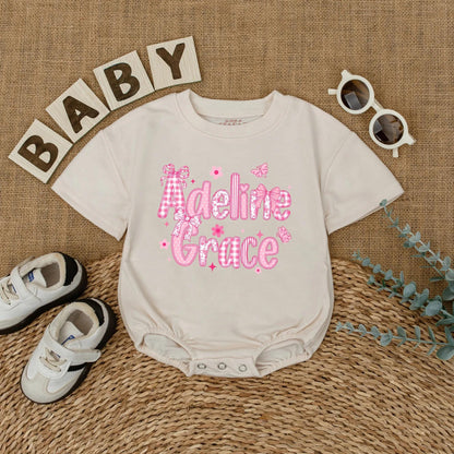 Personalized Baby Girl Romper Adeline Grace, Pink Chinoiserie Bubble Outfit, Custom Name Floral Infant Clothes, Playful Bow Baby Shower Gift 139 chars