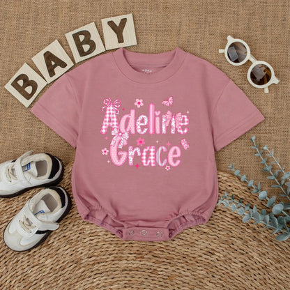 Personalized Baby Girl Romper Adeline Grace, Pink Chinoiserie Bubble Outfit, Custom Name Floral Infant Clothes, Playful Bow Baby Shower Gift 139 chars