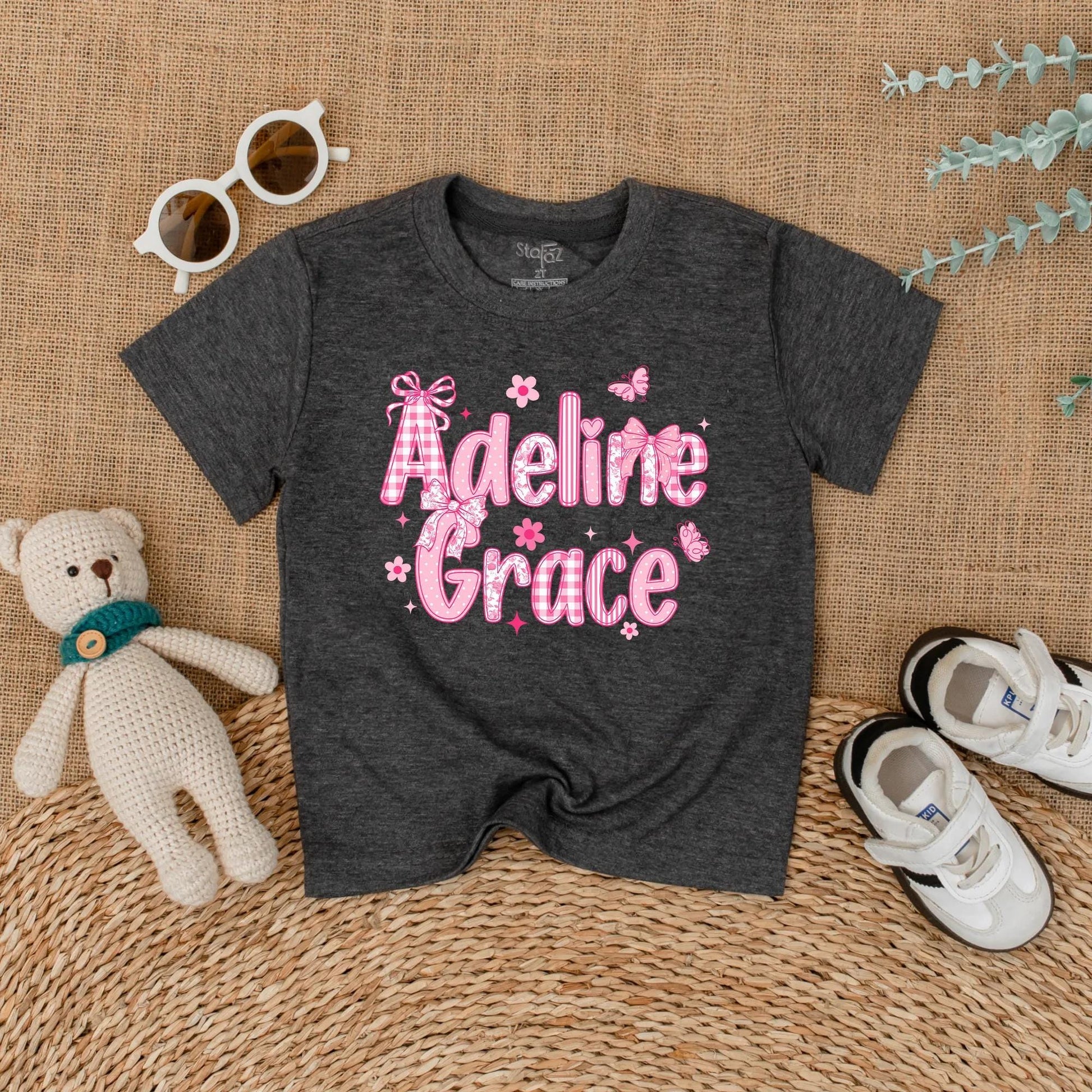 Personalized Baby Girl Romper Adeline Grace, Pink Chinoiserie Bubble Outfit, Custom Name Floral Infant Clothes, Playful Bow Baby Shower Gift 139 chars