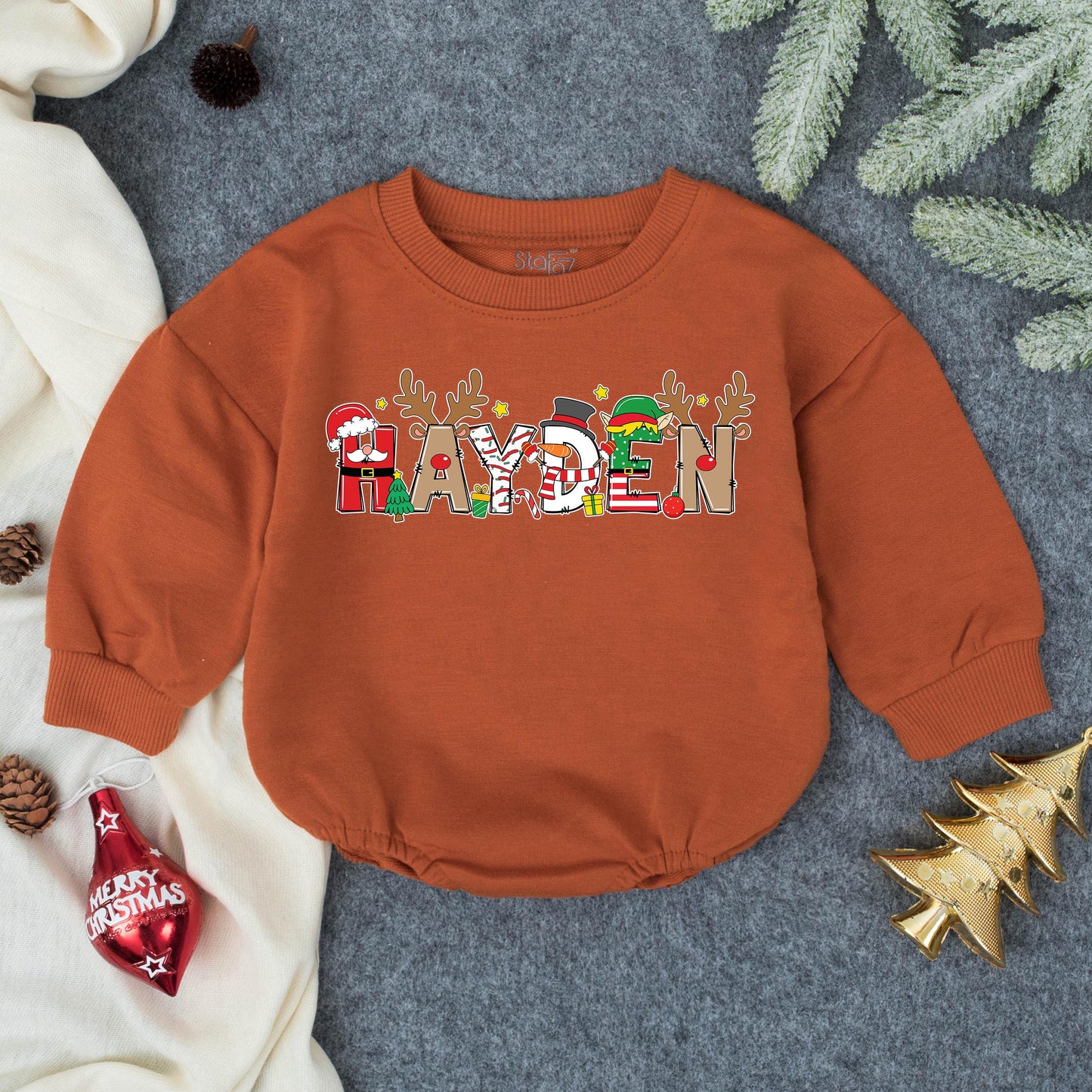 Personalized "HAYDEN" Christmas Romper: Festive Baby Boy Outfit, My First Christmas Sweatshirt, Holiday Fun! Red, Green, Brown & White Colors - Winter Gift (138)