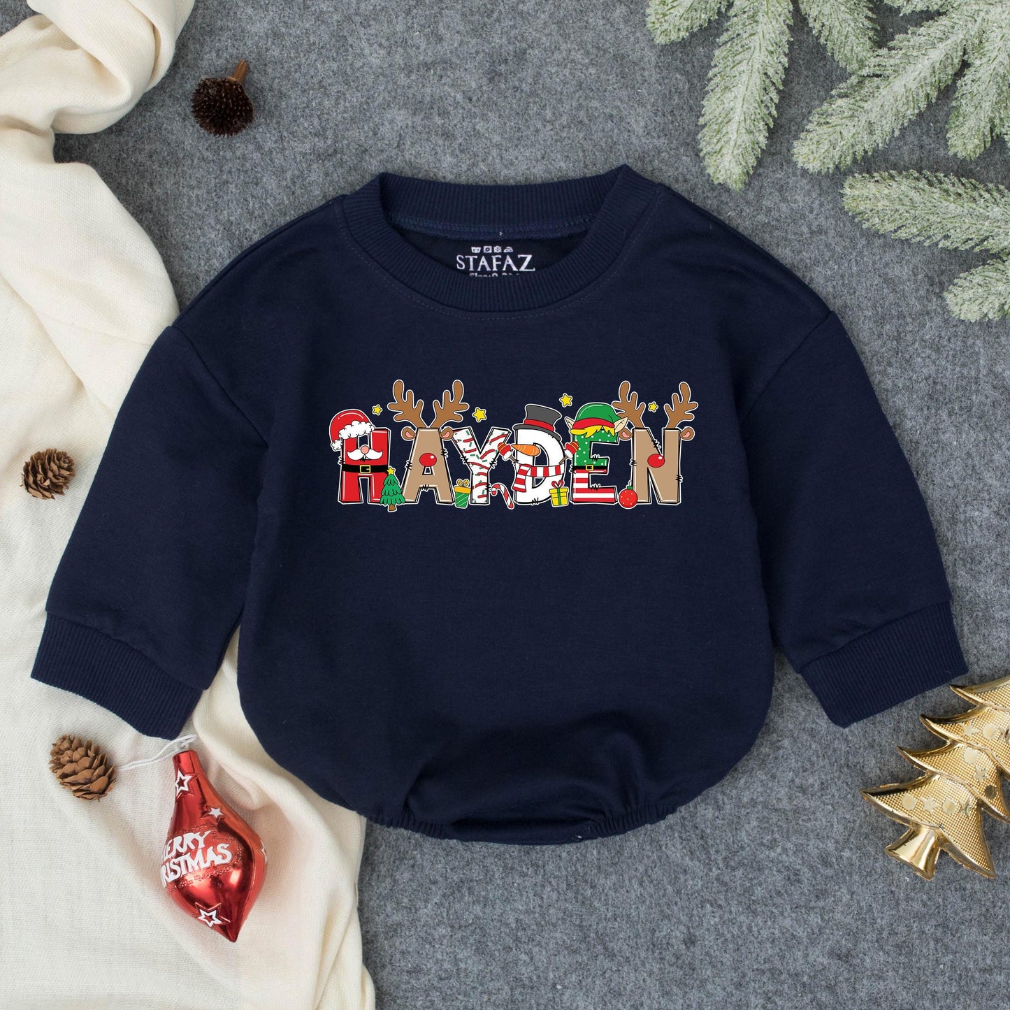 Personalized "HAYDEN" Christmas Romper: Festive Baby Boy Outfit, My First Christmas Sweatshirt, Holiday Fun! Red, Green, Brown & White Colors - Winter Gift (138)