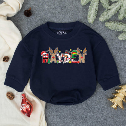 Personalized "HAYDEN" Christmas Romper: Festive Baby Boy Outfit, My First Christmas Sweatshirt, Holiday Fun! Red, Green, Brown & White Colors - Winter Gift (138)