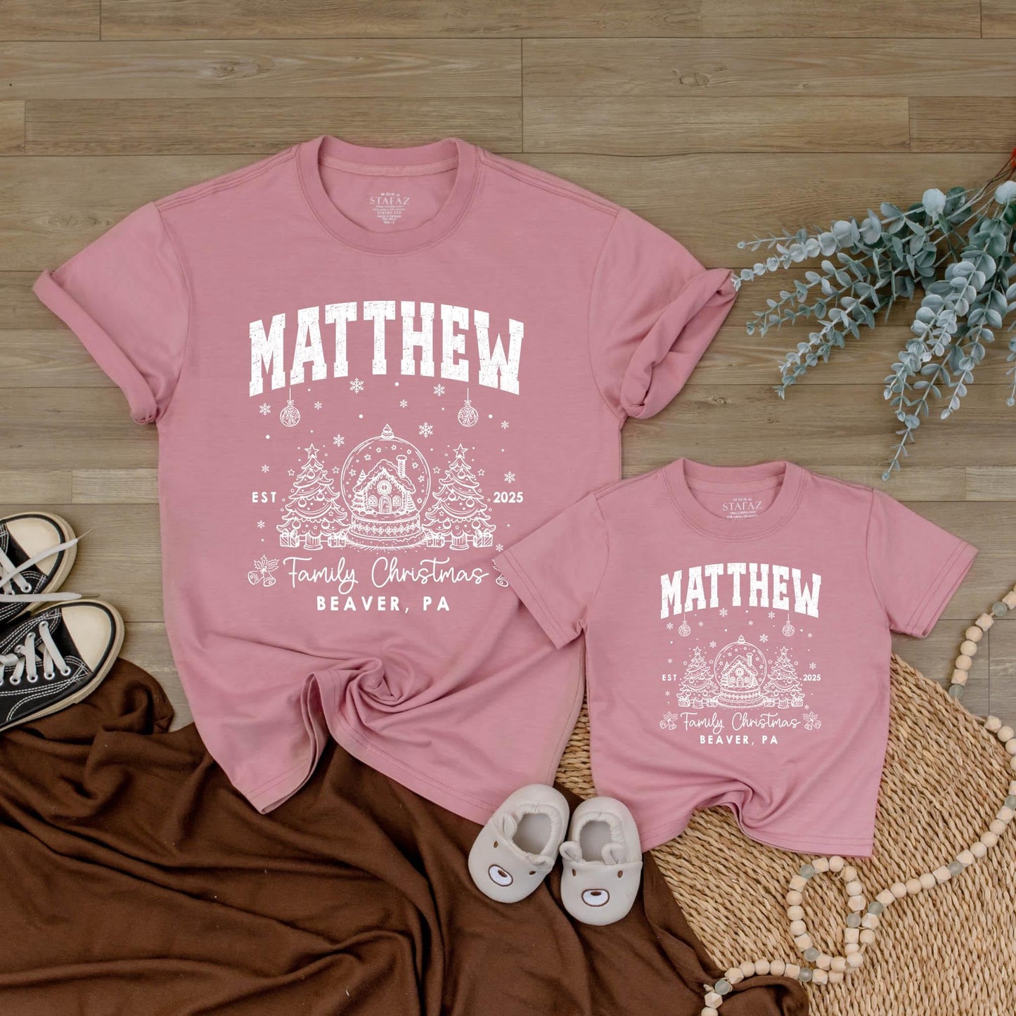 Custom Family Name Matching Christmas Shirt 2025 Vintage Collegiate Snow Globe Gingerbread Design Holiday Tee