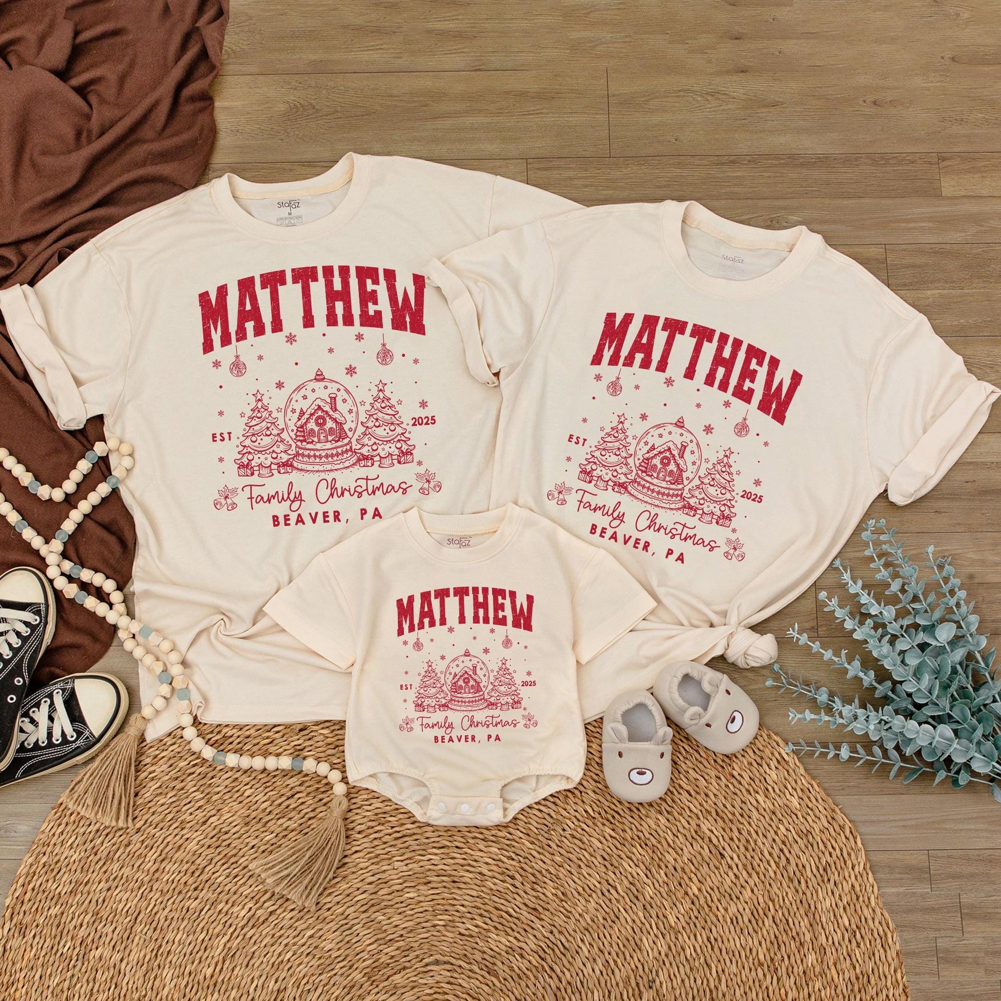 Custom Family Name Matching Christmas Shirt 2025 Vintage Collegiate Snow Globe Gingerbread Design Holiday Tee