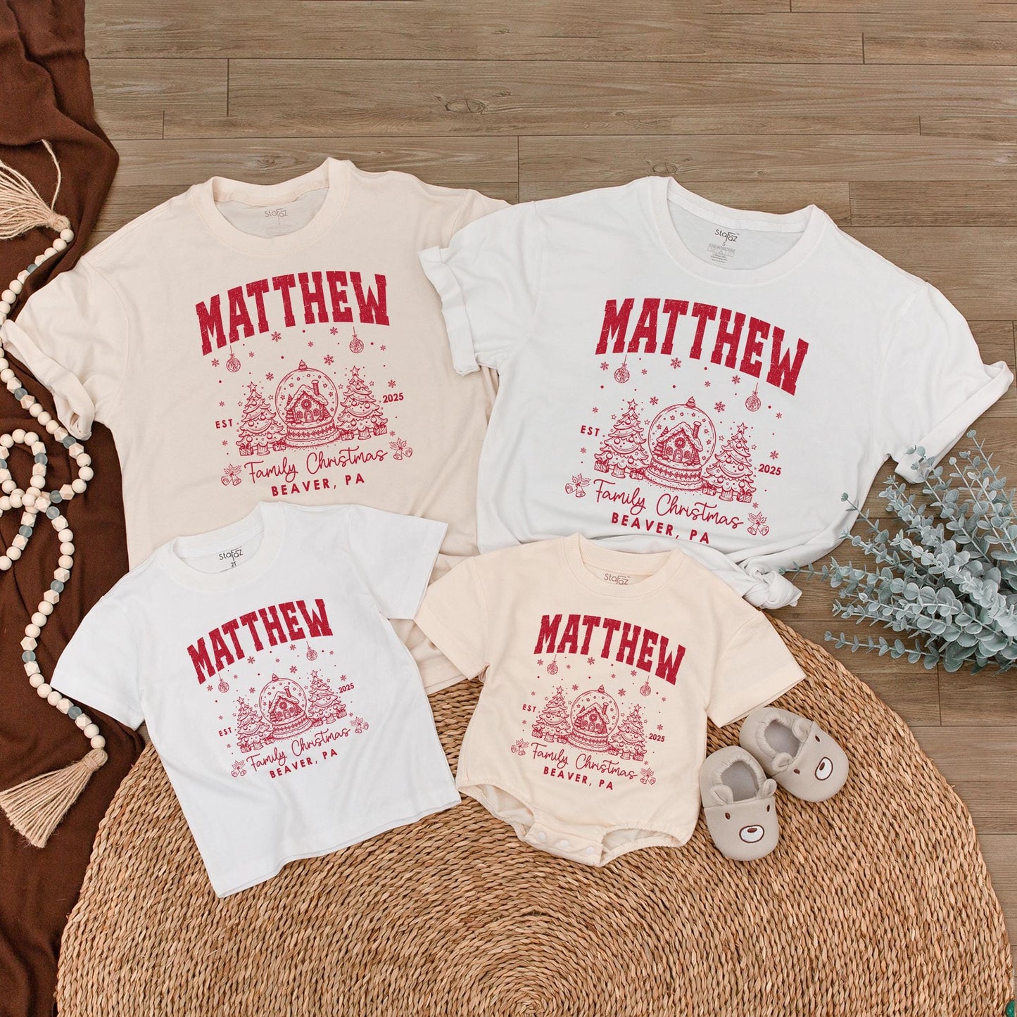 Custom Family Name Matching Christmas Shirt 2025 Vintage Collegiate Snow Globe Gingerbread Design Holiday Tee