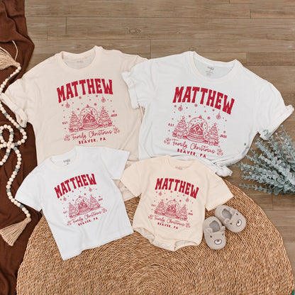 Custom Family Name Matching Christmas Shirt 2025 Vintage Collegiate Snow Globe Gingerbread Design Holiday Tee