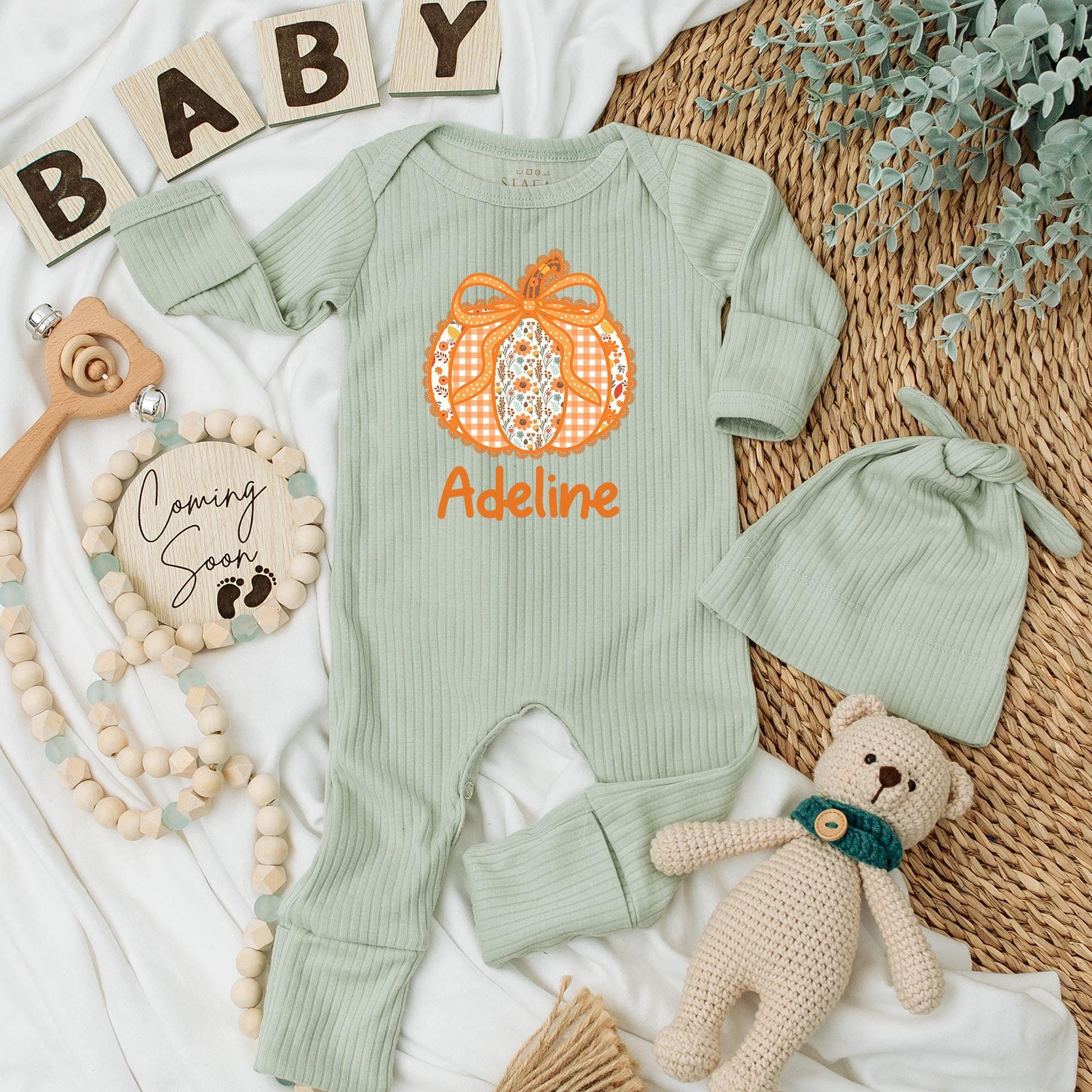 Adeline Personalized Bow Pumpkin Baby Girl Bodysuit Cute Autumn Floral Patchwork Gingham Fall Season Newborn Outfit Baby Shower Gift First Thanksgiving