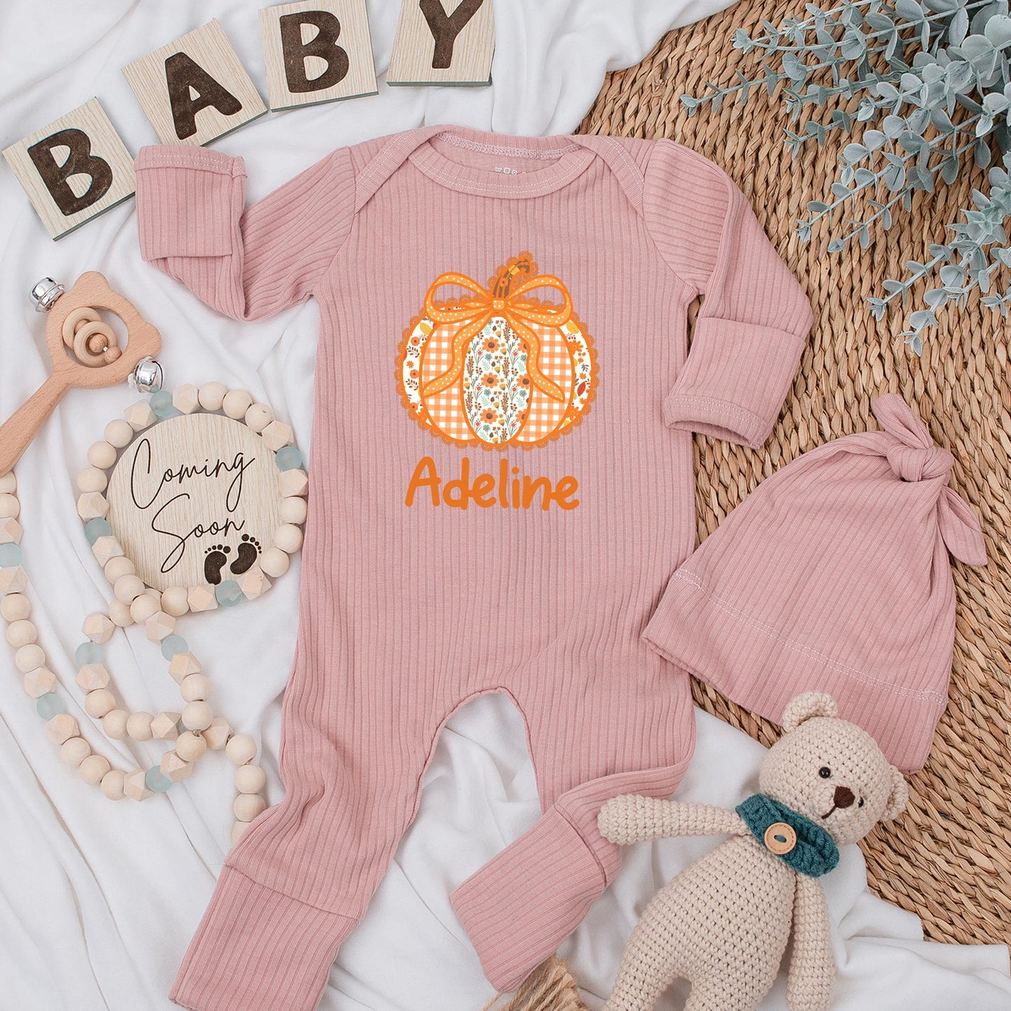 Adeline Personalized Bow Pumpkin Baby Girl Bodysuit Cute Autumn Floral Patchwork Gingham Fall Season Newborn Outfit Baby Shower Gift First Thanksgiving