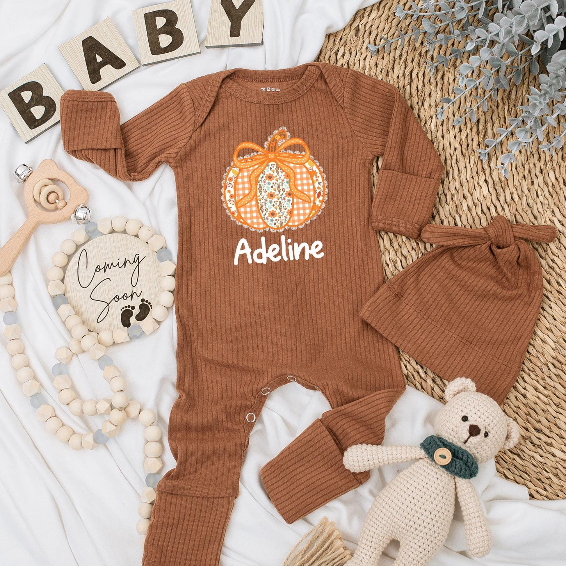 Adeline Personalized Bow Pumpkin Baby Girl Bodysuit Cute Autumn Floral Patchwork Gingham Fall Season Newborn Outfit Baby Shower Gift First Thanksgiving