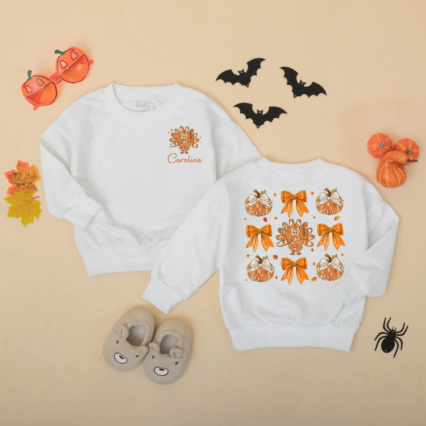 Personalized Caroline Turkey Pumpkin Bow Bubble Romper Cute Baby Girl Thanksgiving Outfit Warm Fall Colors Festive Little Turkey Gift 137