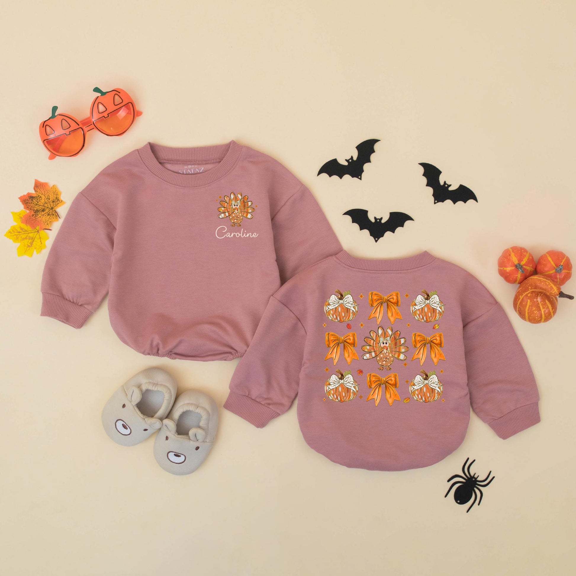 Personalized Caroline Turkey Pumpkin Bow Bubble Romper Cute Baby Girl Thanksgiving Outfit Warm Fall Colors Festive Little Turkey Gift 137