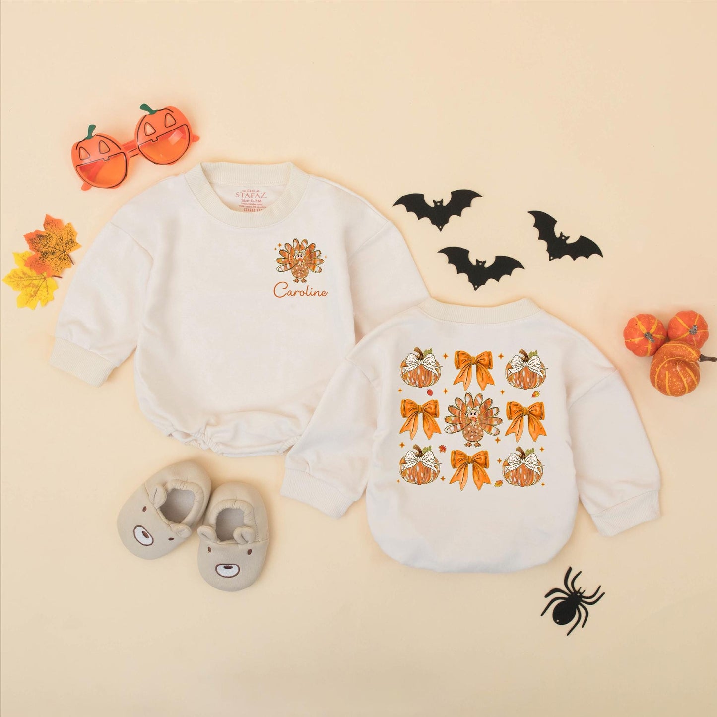 Personalized Caroline Turkey Pumpkin Bow Bubble Romper Cute Baby Girl Thanksgiving Outfit Warm Fall Colors Festive Little Turkey Gift 137
