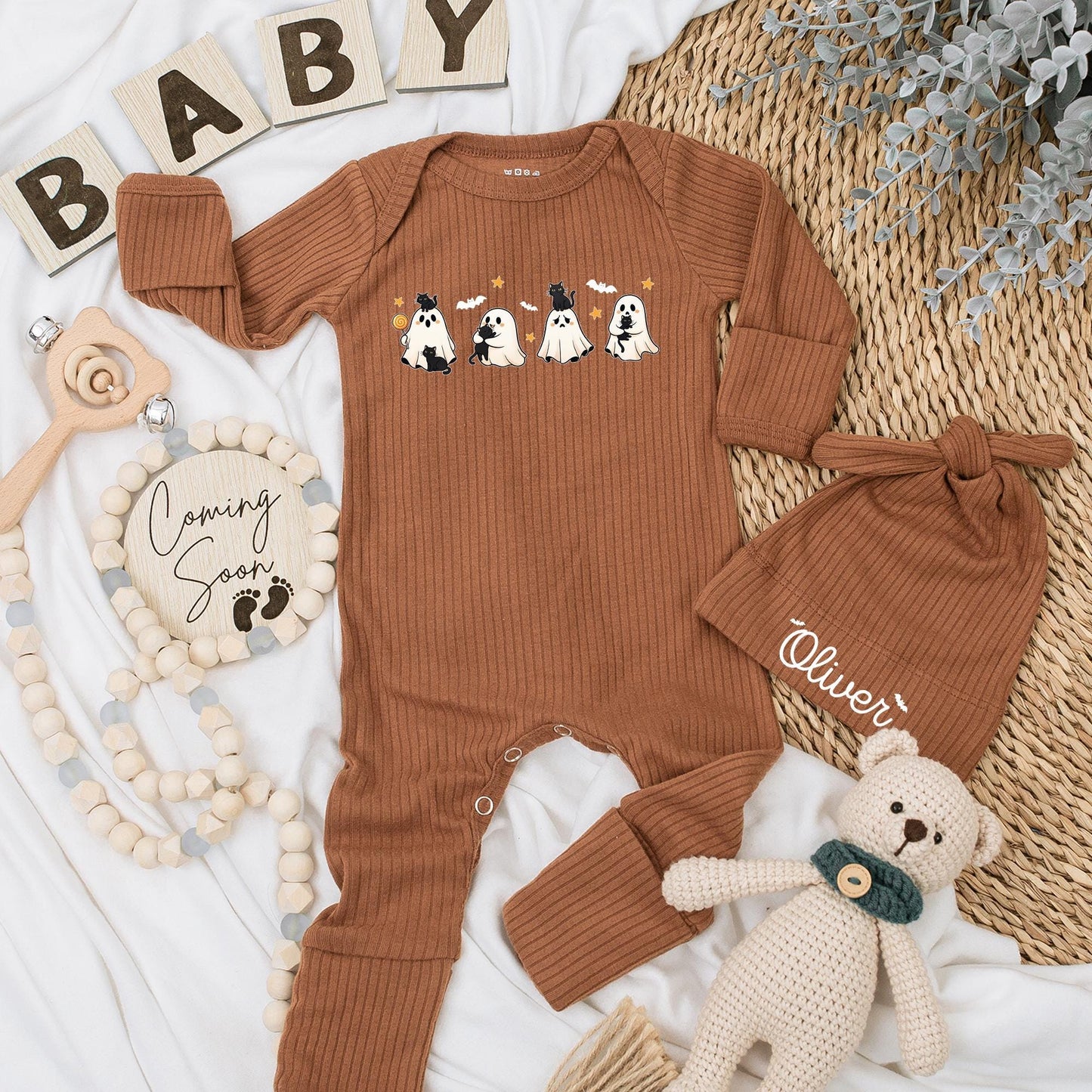 Personalized Halloween Baby Bodysuit with Cute Spooky Ghosts & Black Cats Design My First Spooky Season Newborn Infant Outfit Yellow Star Bat Accents Shower Gift