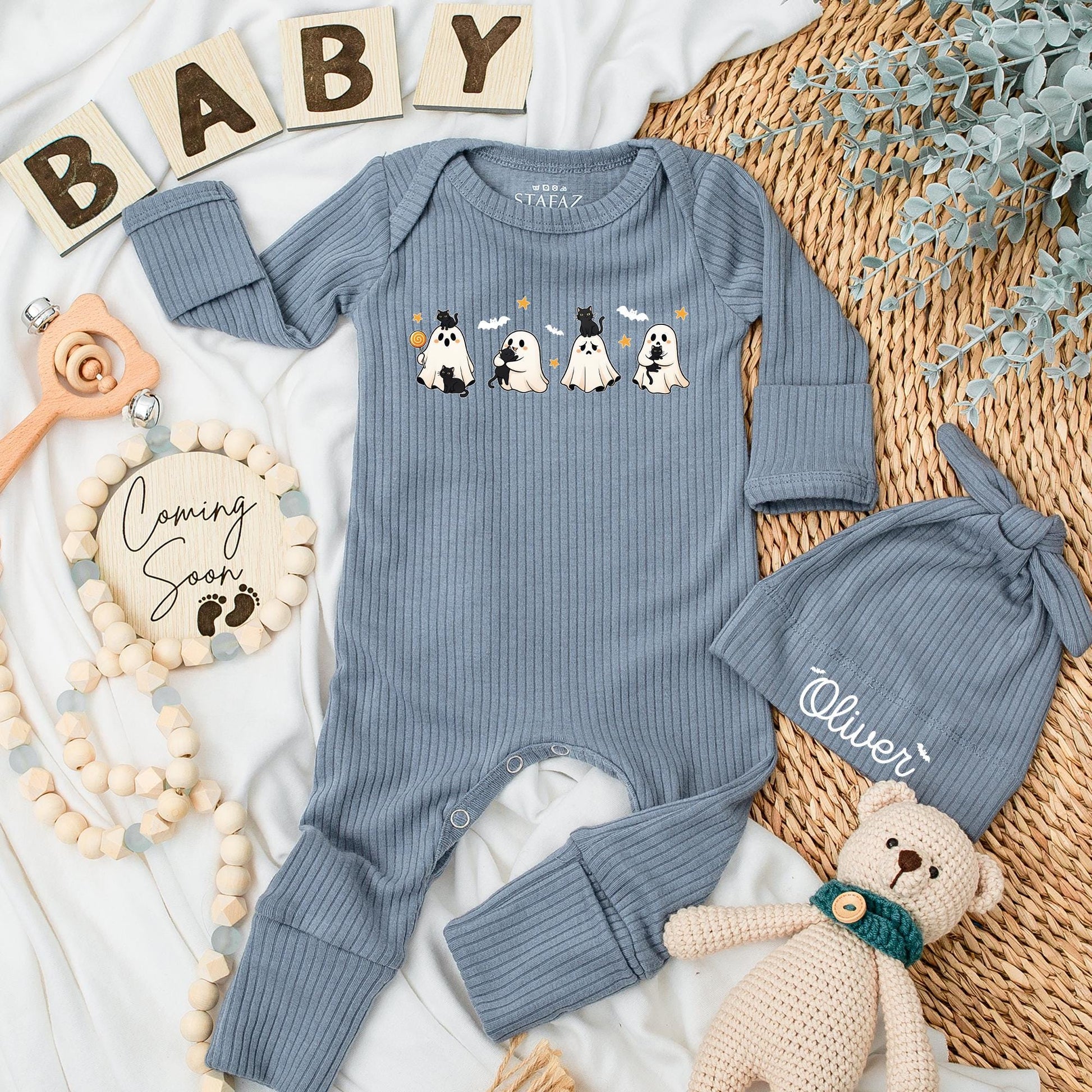 Personalized Halloween Baby Bodysuit with Cute Spooky Ghosts & Black Cats Design My First Spooky Season Newborn Infant Outfit Yellow Star Bat Accents Shower Gift