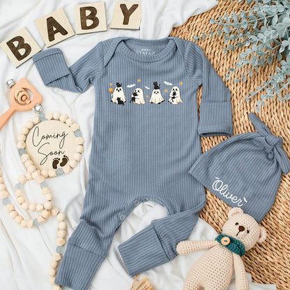 Personalized Halloween Baby Bodysuit with Cute Spooky Ghosts & Black Cats Design My First Spooky Season Newborn Infant Outfit Yellow Star Bat Accents Shower Gift