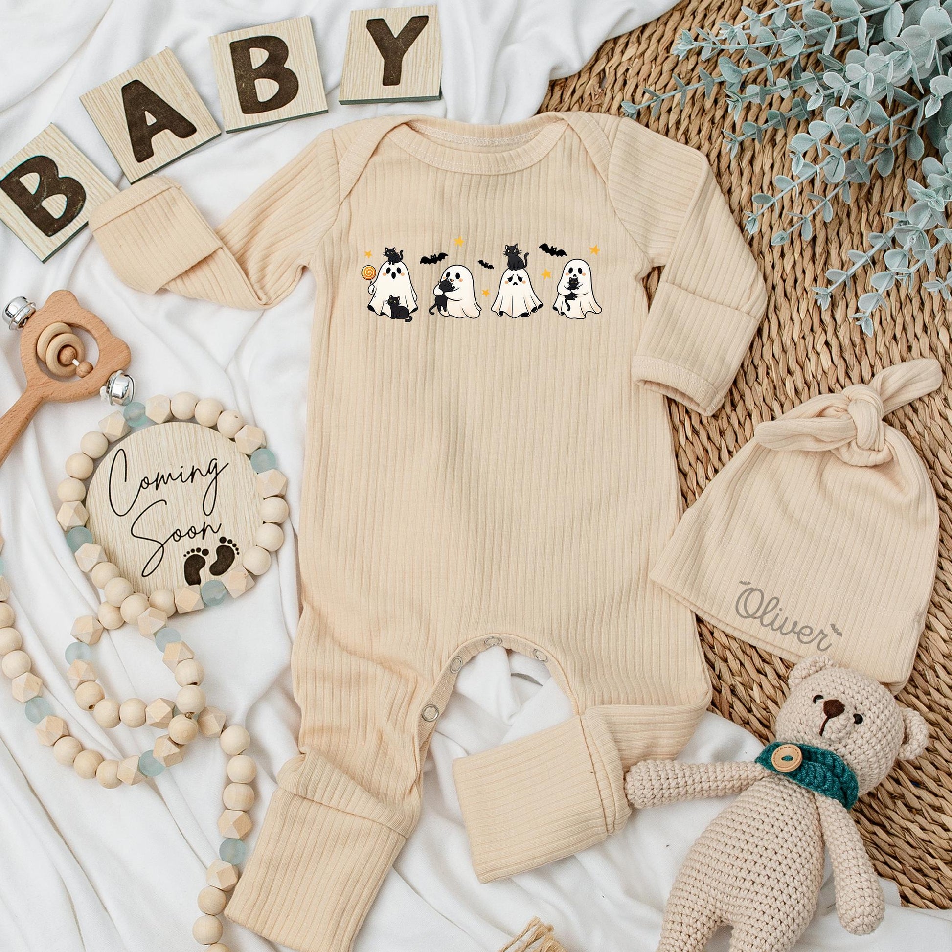 Personalized Halloween Baby Bodysuit with Cute Spooky Ghosts & Black Cats Design My First Spooky Season Newborn Infant Outfit Yellow Star Bat Accents Shower Gift