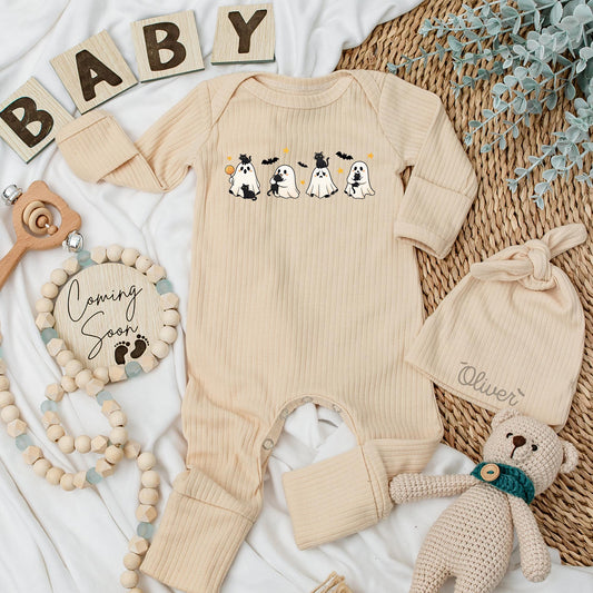 Personalized Halloween Baby Bodysuit with Cute Spooky Ghosts & Black Cats Design My First Spooky Season Newborn Infant Outfit Yellow Star Bat Accents Shower Gift