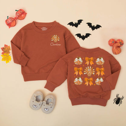 Personalized Caroline Turkey Pumpkin Bow Bubble Romper Cute Baby Girl Thanksgiving Outfit Warm Fall Colors Festive Little Turkey Gift 137