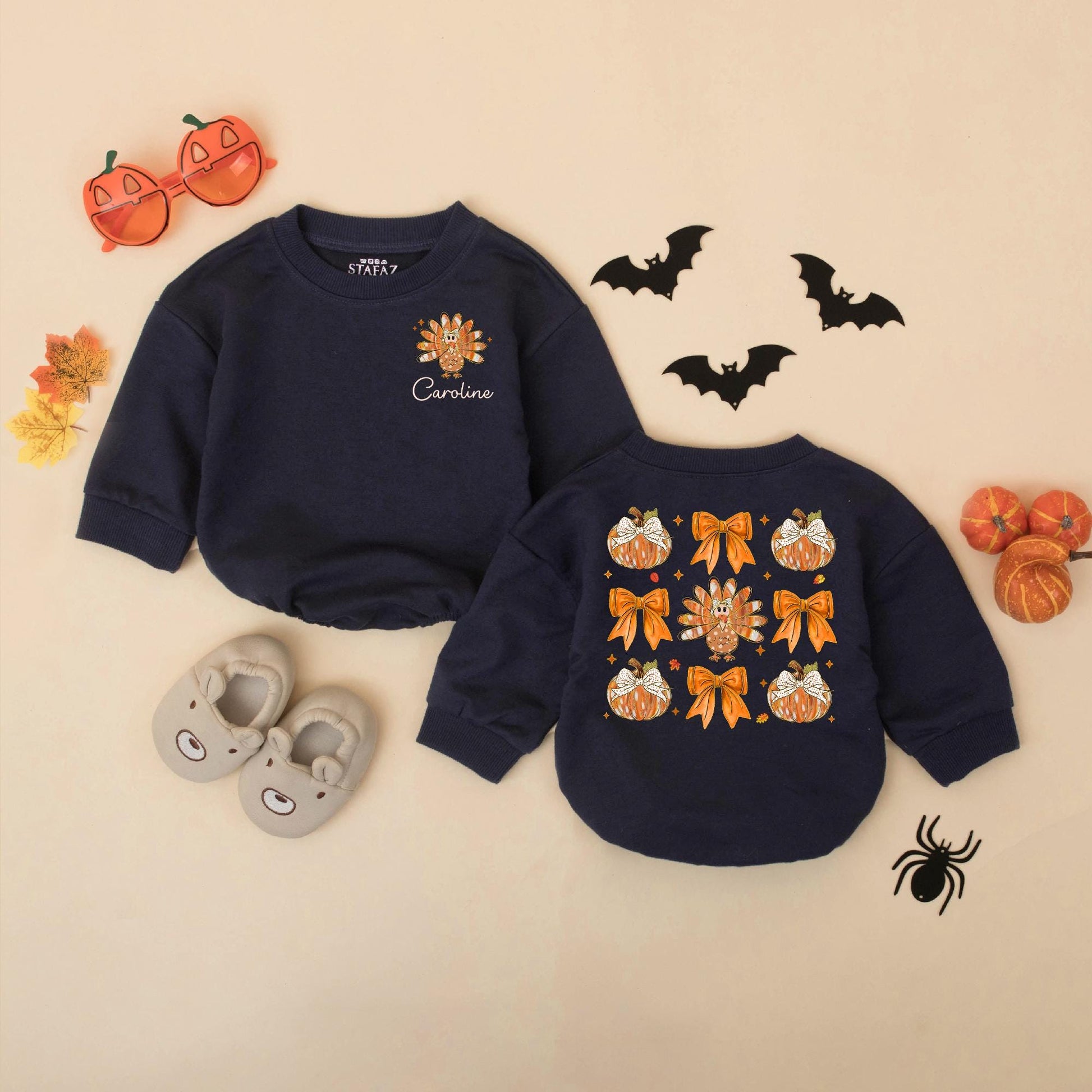 Personalized Caroline Turkey Pumpkin Bow Bubble Romper Cute Baby Girl Thanksgiving Outfit Warm Fall Colors Festive Little Turkey Gift 137