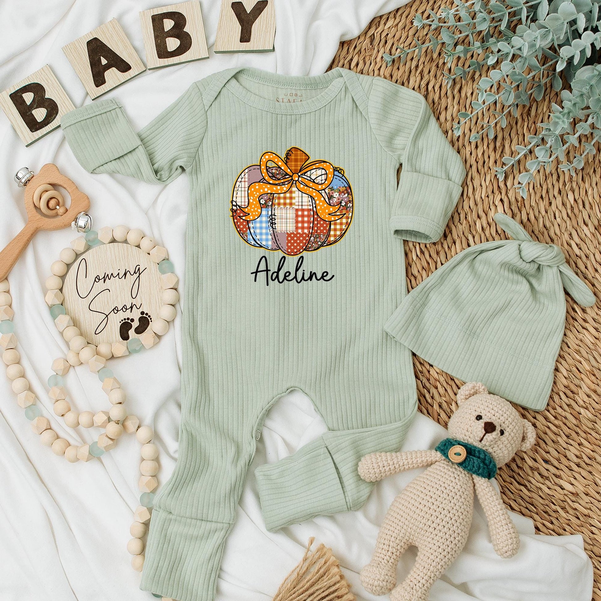 Adeline Personalized Pumpkin Patch Baby Girl Bodysuit Cute Autumn Floral Polka Dot Plaid Warm Fall Newborn Gift
