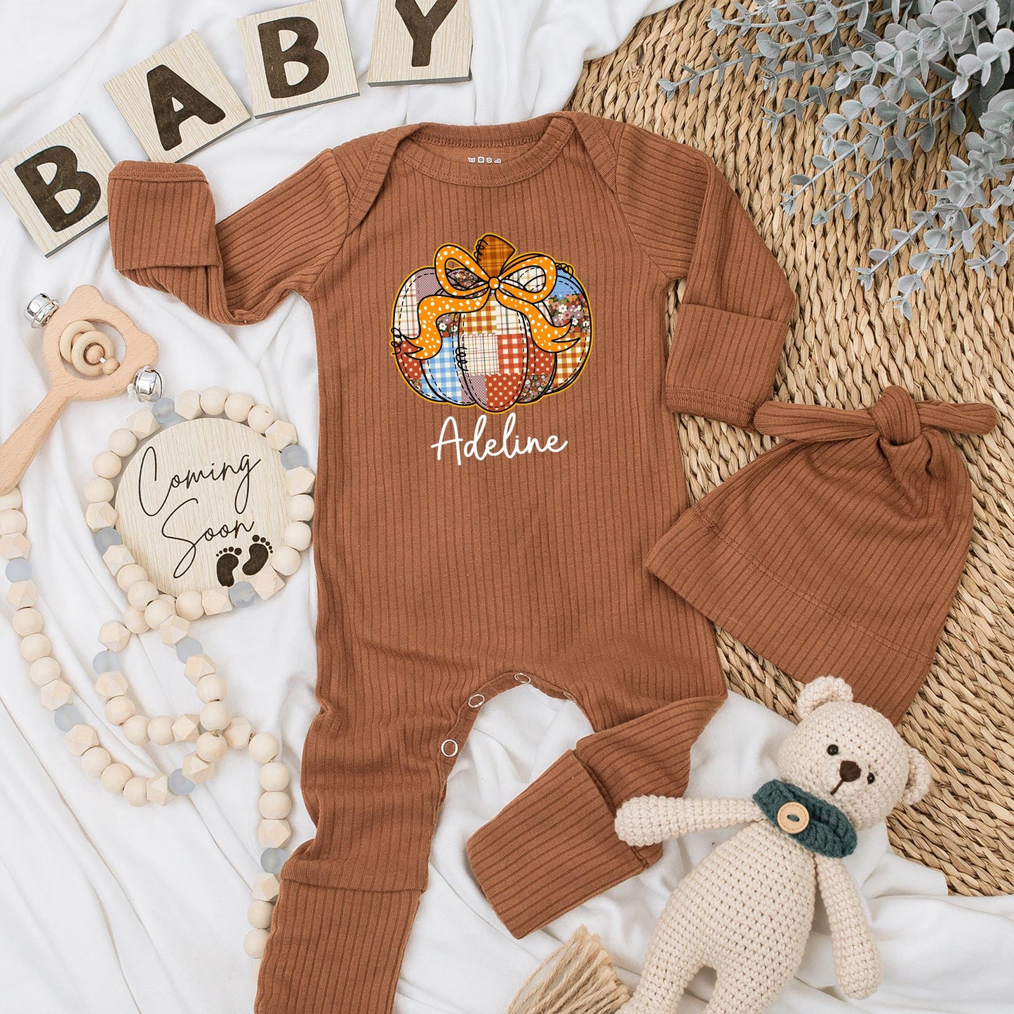 Adeline Personalized Pumpkin Patch Baby Girl Bodysuit Cute Autumn Floral Polka Dot Plaid Warm Fall Newborn Gift