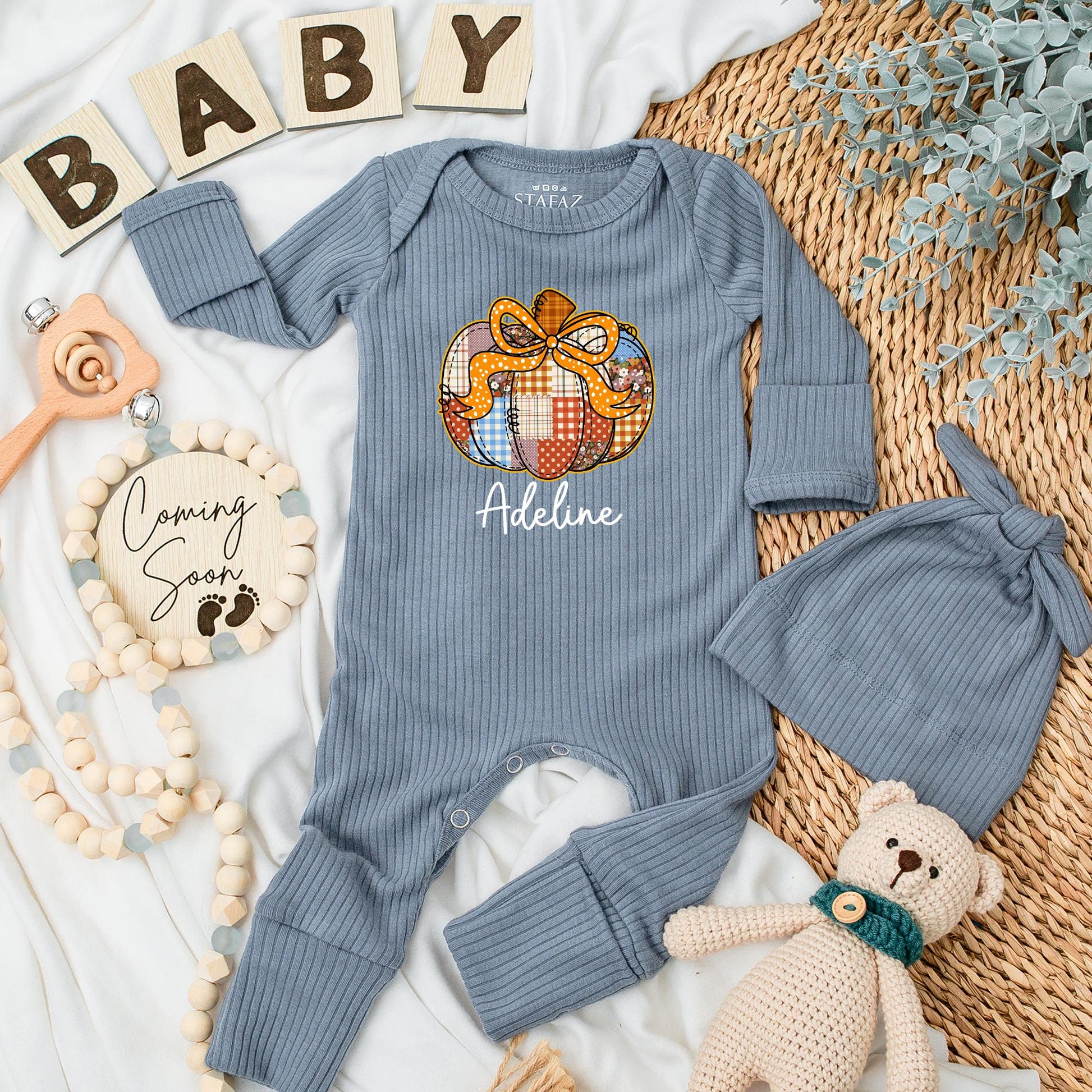 Adeline Personalized Pumpkin Patch Baby Girl Bodysuit Cute Autumn Floral Polka Dot Plaid Warm Fall Newborn Gift
