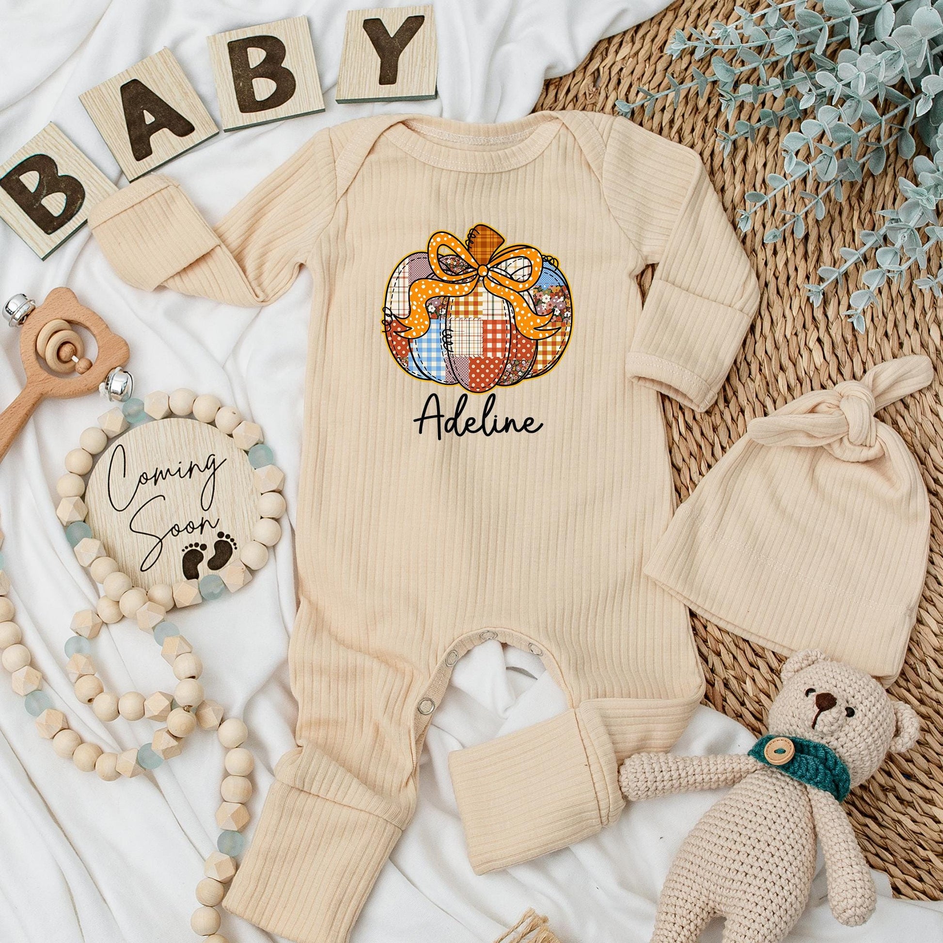Adeline Personalized Pumpkin Patch Baby Girl Bodysuit Cute Autumn Floral Polka Dot Plaid Warm Fall Newborn Gift