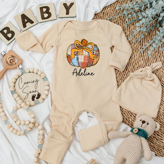 Adeline Personalized Pumpkin Patch Baby Girl Bodysuit Cute Autumn Floral Polka Dot Plaid Warm Fall Newborn Gift