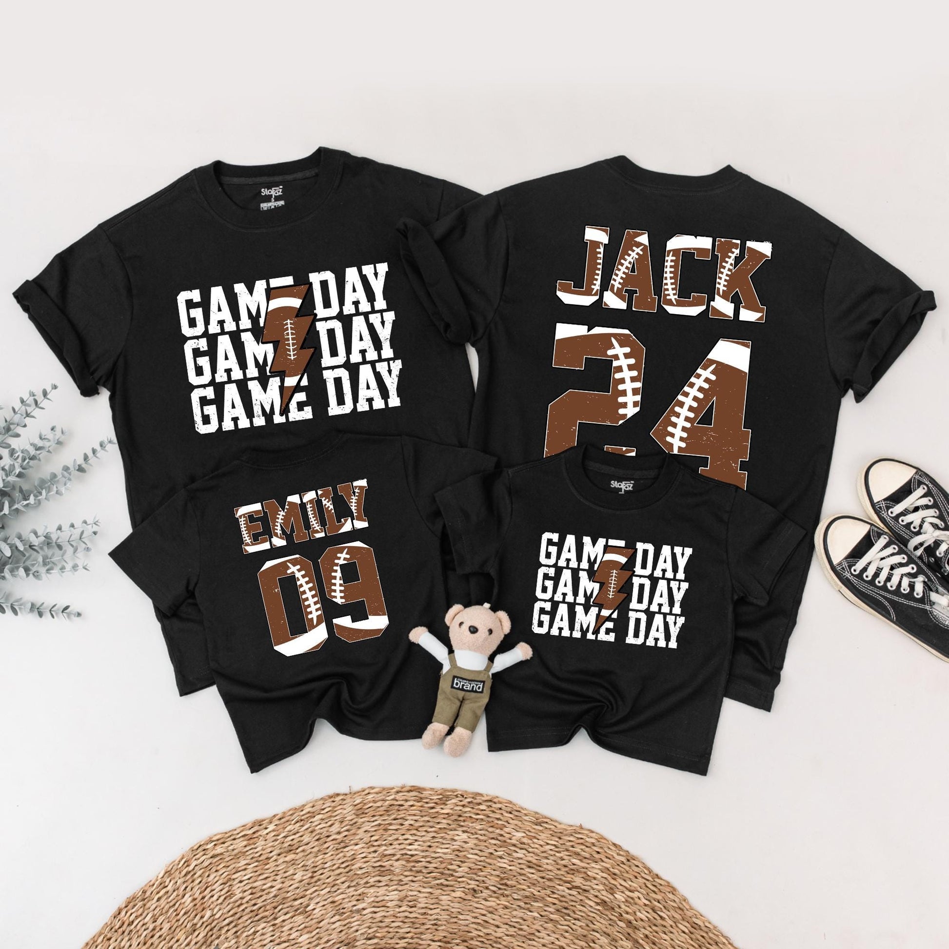 Matching Football Game Day Shirts, Personalized Custom Name & Number Family Outfit, Brown Football Texture Design, Touchdown Season Sports Tee