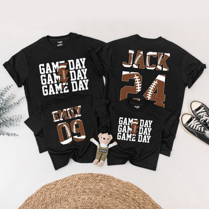 Matching Football Game Day Shirts, Personalized Custom Name & Number Family Outfit, Brown Football Texture Design, Touchdown Season Sports Tee
